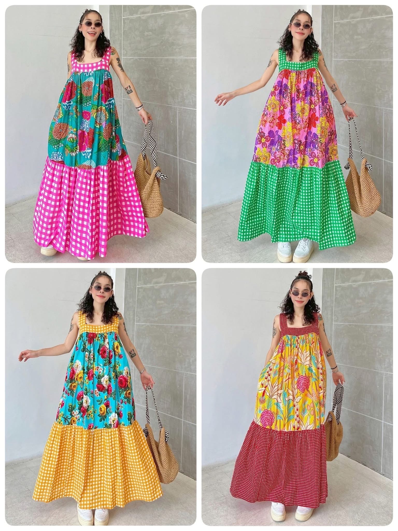 เอี๊ยมกระโปรง ผ้าบล็อคคอทตอลอินเดีย ดีไซน์ผูกโบว์หลัง ระบายชายตัดต่อลาย งานมีสม็อคหลัง+กระเป๋าล้วง ใส่สบาย : สินค้าคุณภาพ (พร้อมส่ง)