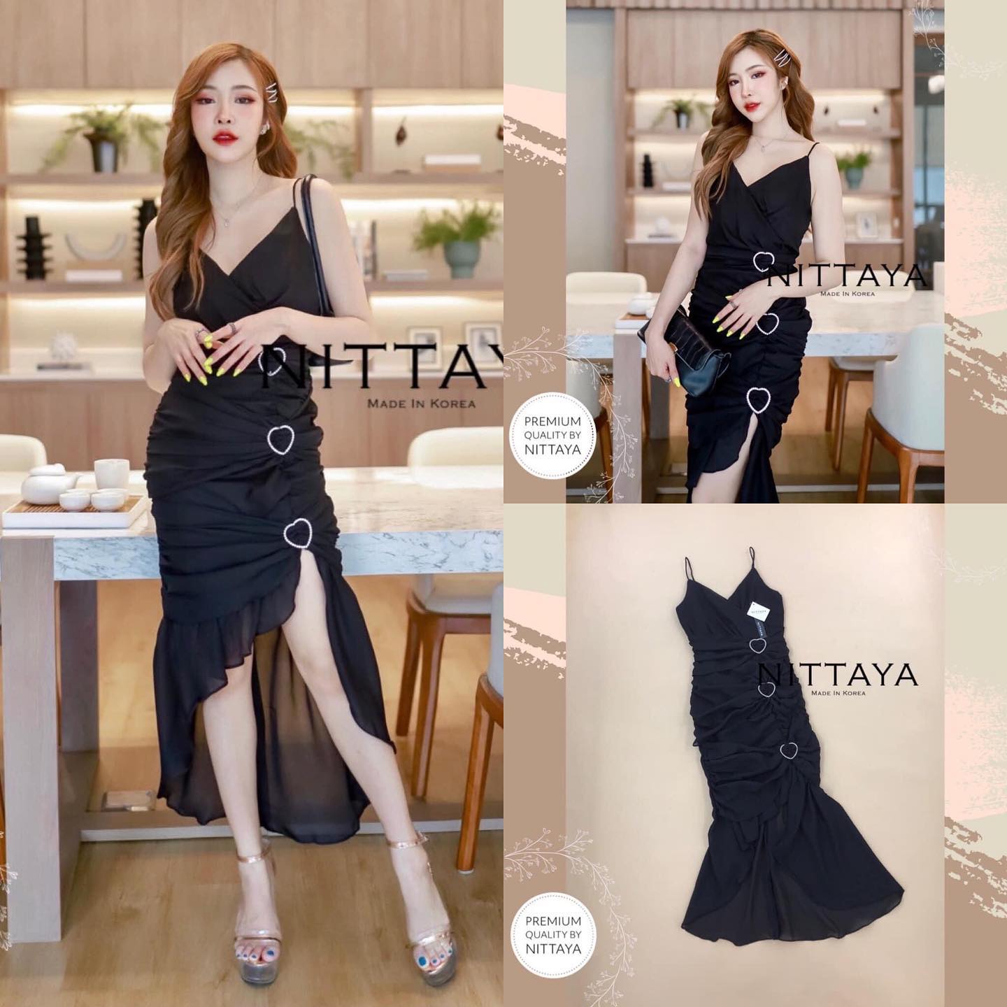 เดรสสายเดี่ยว จับจีบย่นช่วงเอวเข้ารูปประดับเพชรรูปหัวใจ ท่อนล่างแต่งหน้าสั้นหลังยาว ปล่อยชายพริ้วๆ เก๋ๆ สินค้าคุณภาพ พร้อมส่ง