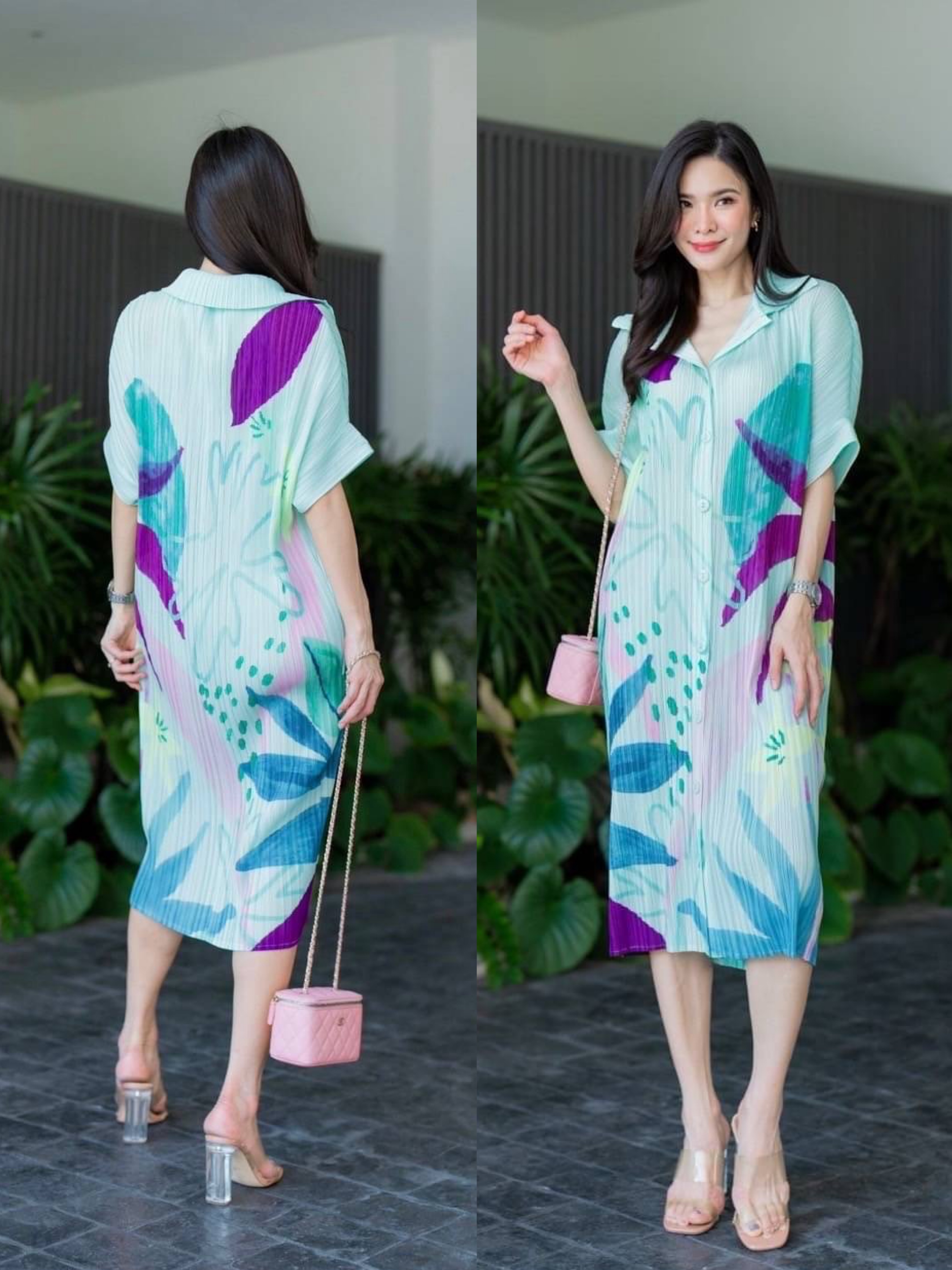 เดรสพลีทตัวยาวคอปกใหญ่ ทรงไหล่ล้ำ พับแขนเบิ้ล เกร๋กรู๊ดดด งานอัดพลีท 100% พลีท AA Premium ลายกราฟฟิค งานสวย ใส่สบาย : สินค้าคุณภาพ (พร้อมส่ง)