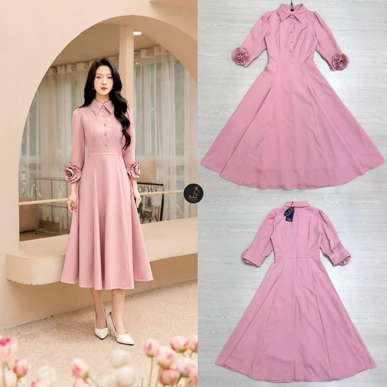 Maxi เดรสคอปกแขนยาว สีชมพู ทรงสวย มีเข็มกลัดดอกไม้3Dดอกใหญ่ที่ปลายแขน เพิ่มมิติให้กับชุด อกเย็บแต่งกระดุมใช้งานได้จริง (มีซิปหลัง) ใส่สบาย : สินค้าคุณภาพ (พร้อมส่ง)