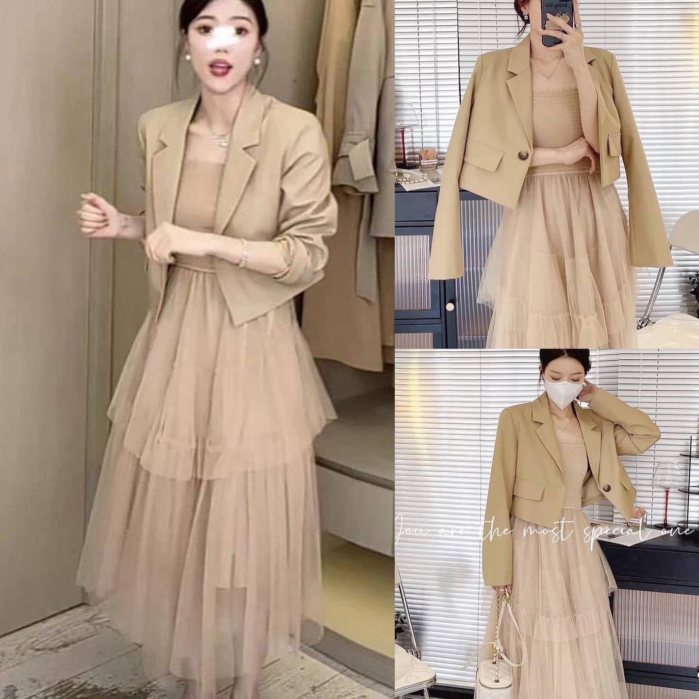 set 2 pcs เสื้อคลุมบ่าเสริมฟองน้ำ แต่งกระเป๋าหลอก +มาพร้อมเดรสสายเดี่ยว (สายปรับได้) ช่วงอกเป็นสม๊อกยางยืด ช่วง กระโปรงเป็นผ้าตาข่ายมีซับในอย่างดี สินค้าคุณภาพ (พร้อมส่ง)