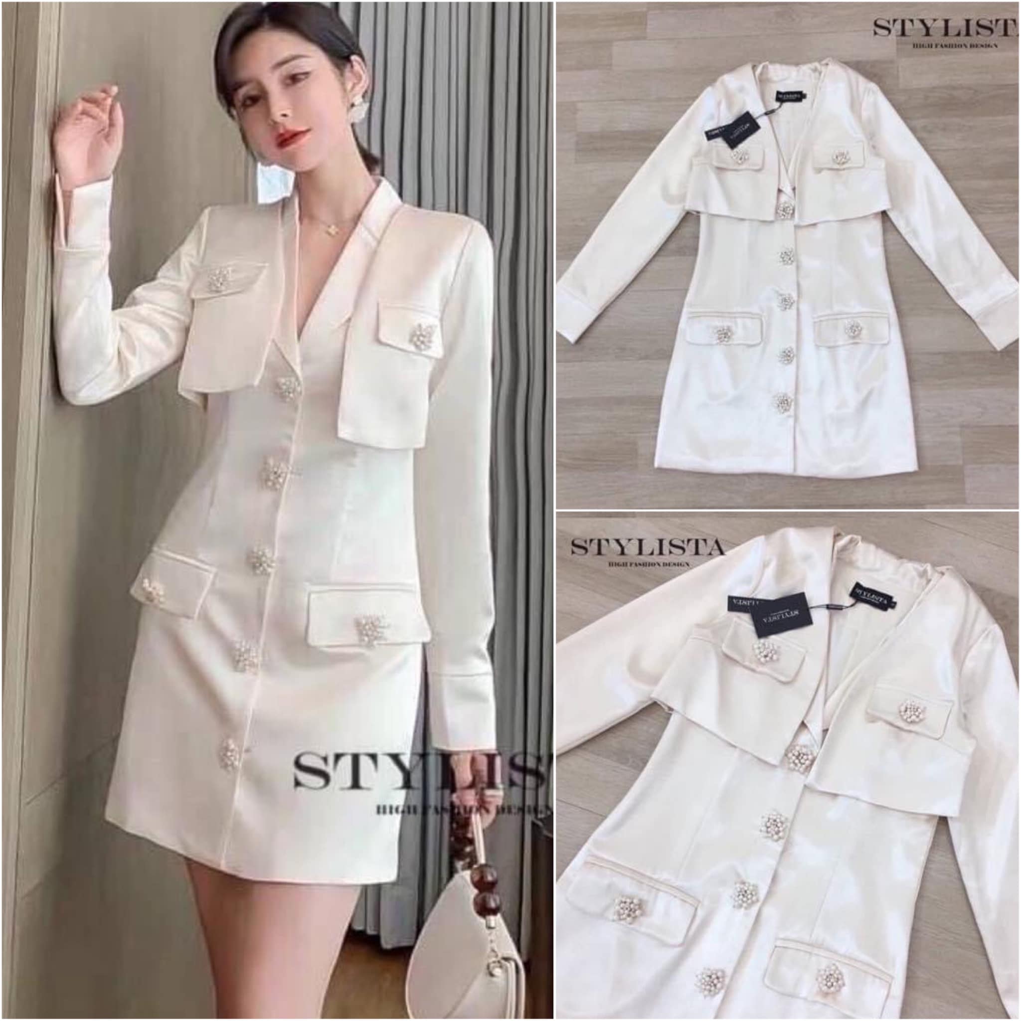 เซต 2 ชั้น เสื้อคลุมเเขนยาว+ เดรสเเขนกุด เเต่งกระดุมดอกไม้ประดับ มุกด้านหน้า ใส่สวยมาก ดูดีเหมือนเซเลป เลยค่ะ สวยเปะเวอร์ ใส่เที่ยว ใส่ได้หลาย โอกาส สินค้าคุณภาพ (พร้อมส่ง)