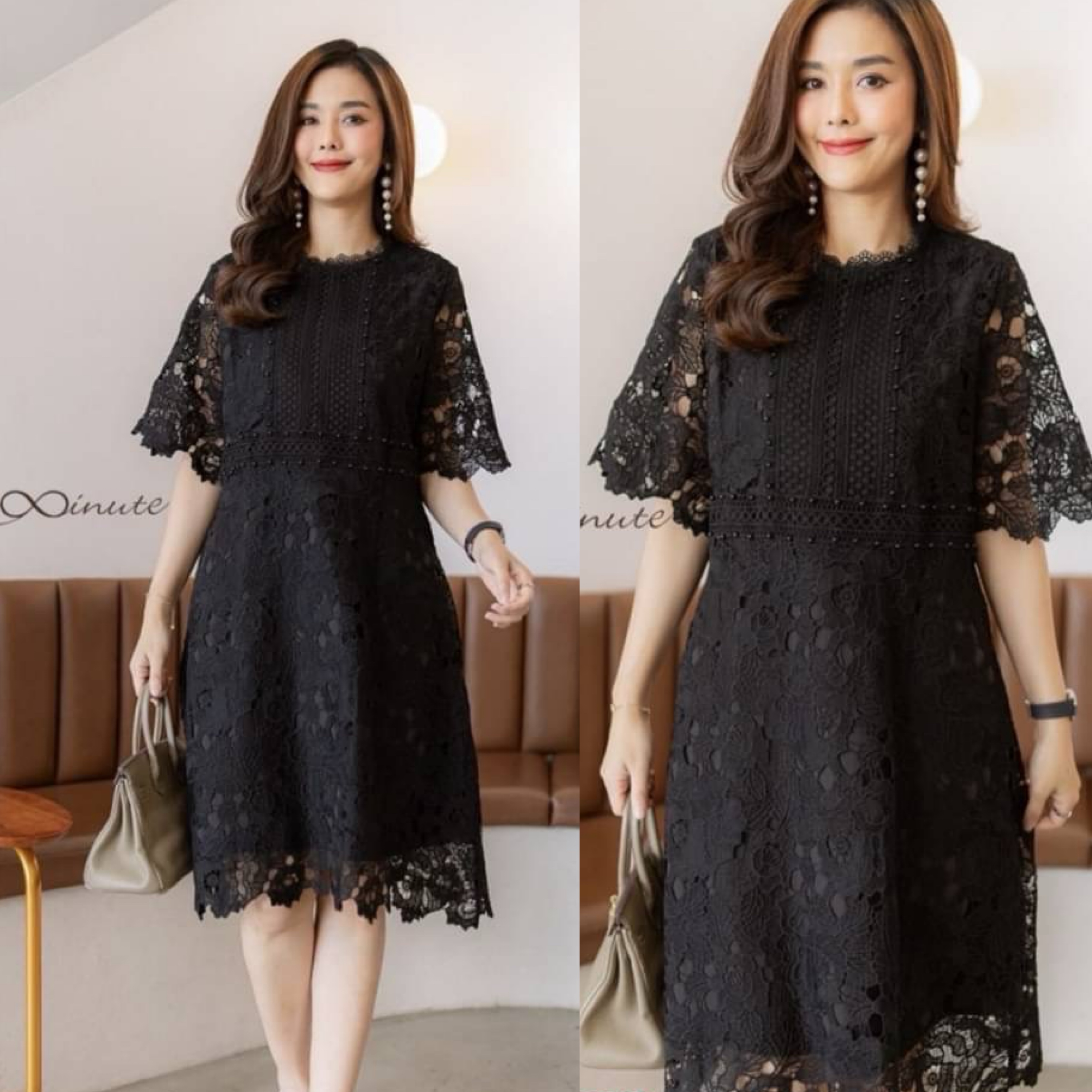 เดรสลูกไม้ มีซิบซ่อนหลัง ใช้ลูกไม้คนละลาย วางตัดกันได้อย่างลงตัว ตอกมุกสีเดียวกับชุด มีซับในทั้งตัว ใส่สบาย : สินค้าคุณภาพ (พร้อมส่ง)