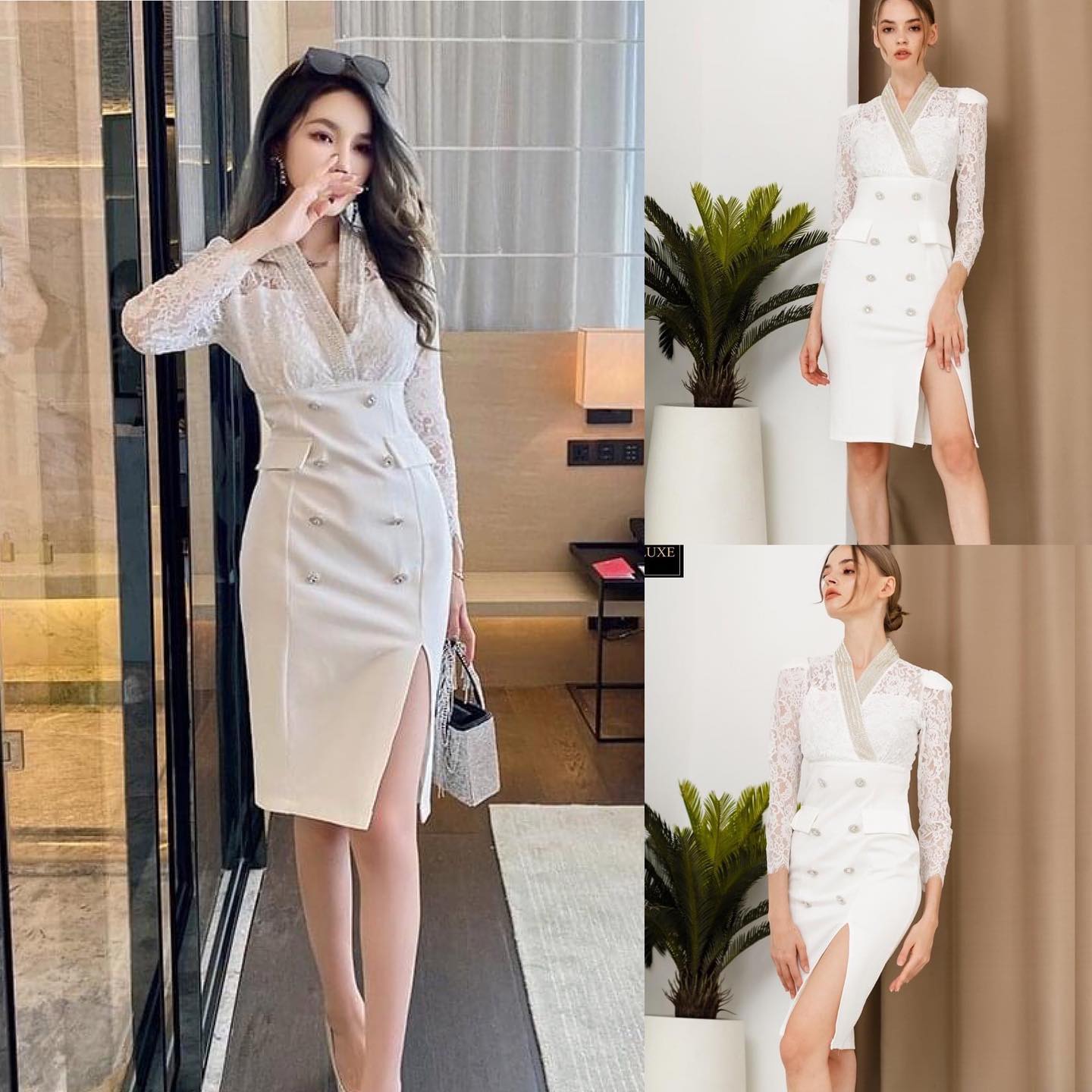 เดรสเสื้อแขนยาวคอป้ายผ้าลูกไม้ คอเสื้อแต่ง ด้วยลูกปัดสีเงินระยิบระยับ กระโปรงสอบผ่าหน่าขา ให้ความกระชับเป็นทรง แต่งฝากระเป๋าและกระดุม เพชร มีซิปซ่อนสวมสะดวกค่ะ สินค้าคุณภาพ (พร้อมส่ง)