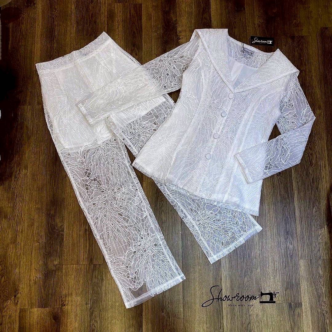เซ็ตเสื้อ+กางเกง ลูกไม้เกรดพรีเมี่ยม บุซับ ทอลายในตัว สีขาว ใส่สบาย : สินค้าคุณภาพ (พร้อมส่ง)