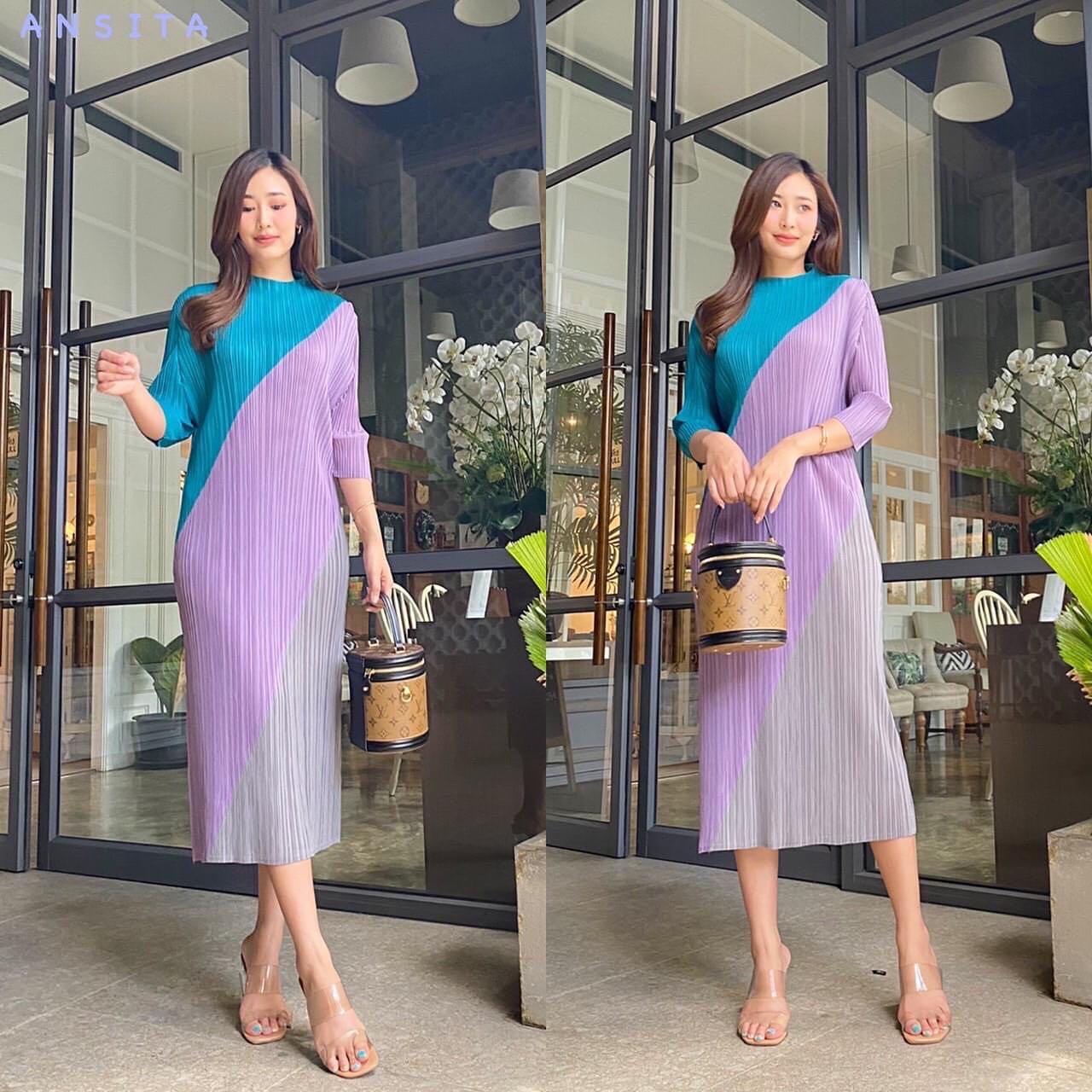 เดรสพลีทตัวยาว อัดพลีท 100% เนื้อเดียวกับงาน Brand งานเกาหลีแท้ 🇰🇷 ละเอียดสวยงาม High Quality สินค้าคุณภาพ (พร้อมส่ง)