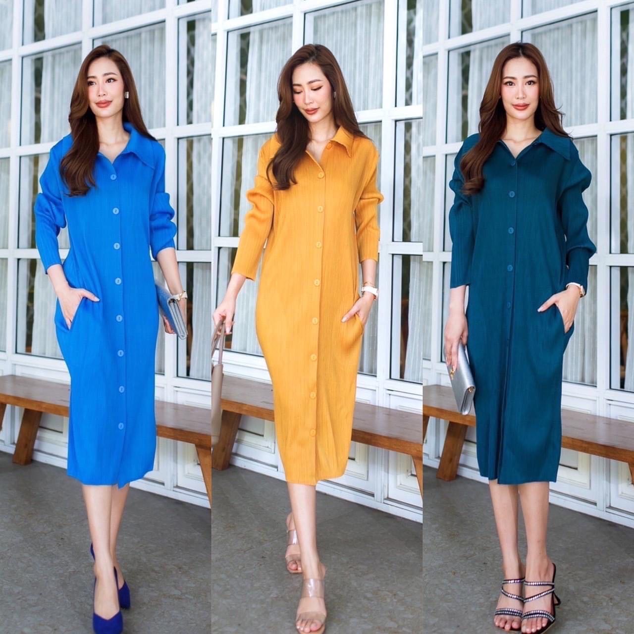 เดรสพลีทตัวยาวคอปกใหญ่ ทรงแขนยาว อัดพลีท 100% เนื้อเดียวกับงาน Brand งาน เกาหลีแท้ 🇰🇷 สวย High Quality ✔️ สินค้าคุณภาพ (พร้อมส่ง)