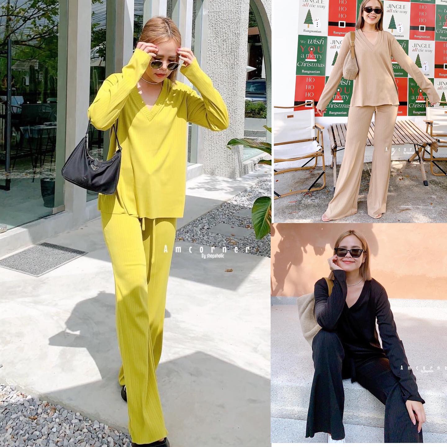 ชุดเสื้อ+กางเกงขายาว Basic ribbed set🔶🔶 ผ้ายืดspendex เนื้อยืด เนื้อดี เนื้อผ้า ใส่สบาย : สินค้าคุณภาพ (พร้อมส่ง)