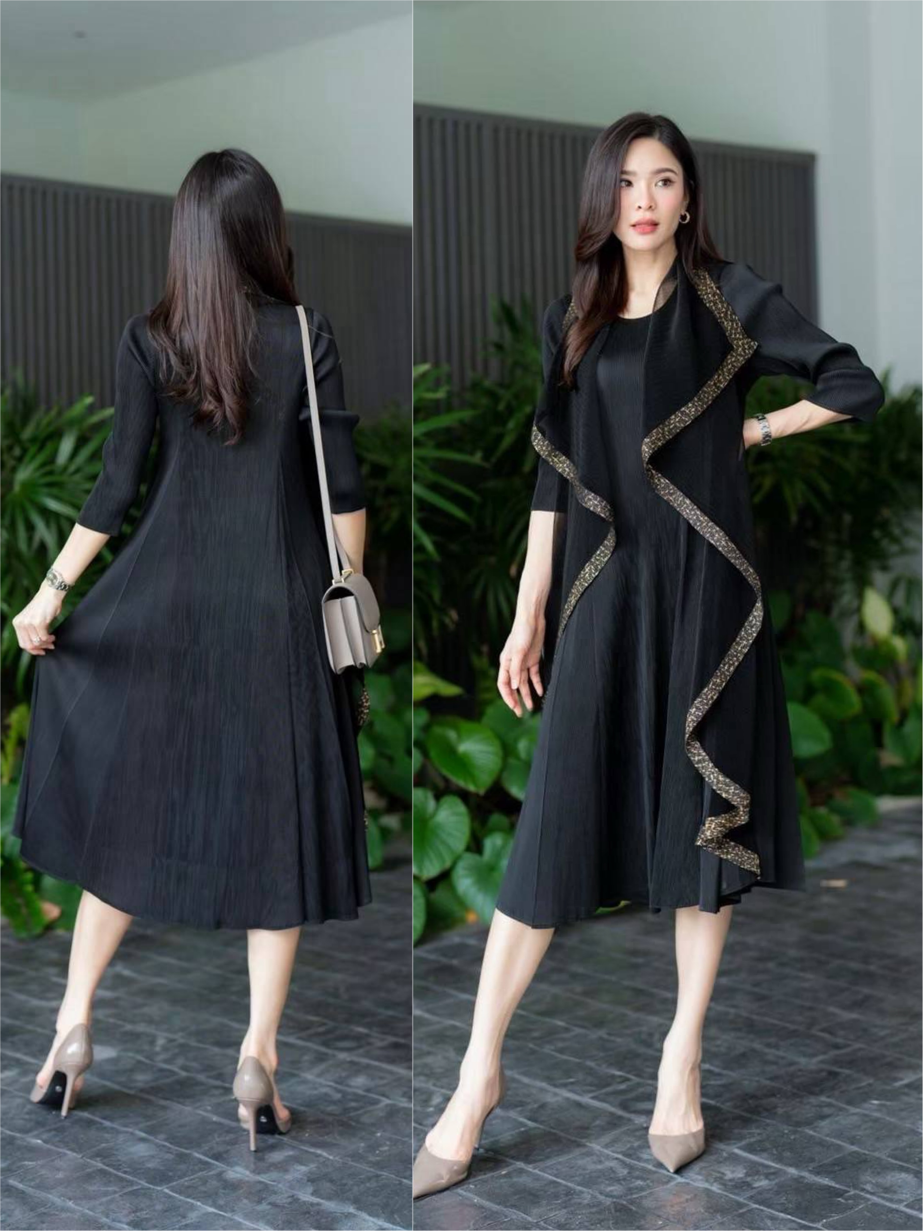 เดรสอัดพลีท ทรงแขนยาว เย็บแต่งเสื้อคลุม ผ้าบางซีทรูปกใหญ่ ซ้อนไปในตัว ประหนึ่ง2 in1 💫💫 ทั้งเดรส และเสื้อคลุมในตัว ใส่สบาย : สินค้าคุณภาพ (พร้อมส่ง)