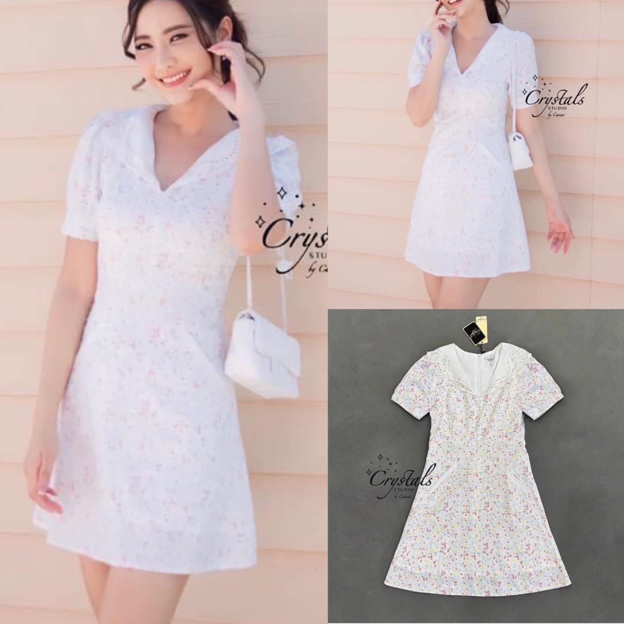 Mini Dress ตั้ลล้ากกกแบบหวานๆ กับเดรสสั้น พิมพ์ลายดอกไม้เล็กจิ๋วๆ งานคอวี มีปกกะลาสี ตกแต่งลูกไม้ฉลุเนื้อนิ่มสีขาวน่ารัก สินค้าคุณภาพ (พร้อมส่ง)