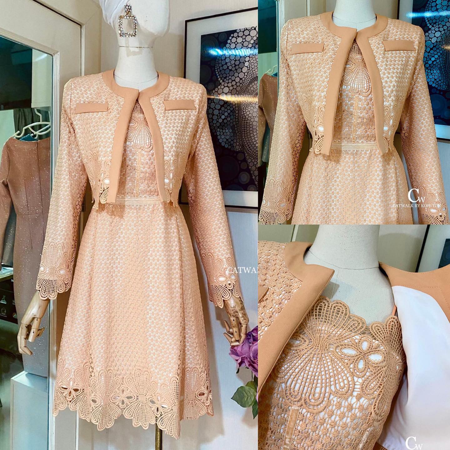 เซตเดรสลูกไม้+เสื้อคลุมผ้าลูกไม้ รุ่นนี้การันตีเลยเนื้อผ้าดีมาก ผ้าลูกไม้ทอลายเกรดเอ สินค้าคุณภาพ (พร้อมส่ง)