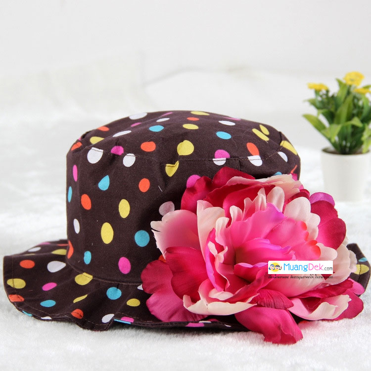 หมวกปีกเด็กหญิงลายจุด ติดดอกไม้ใหญ่ สำหรับเด็กวัย 2-5 ขวบ