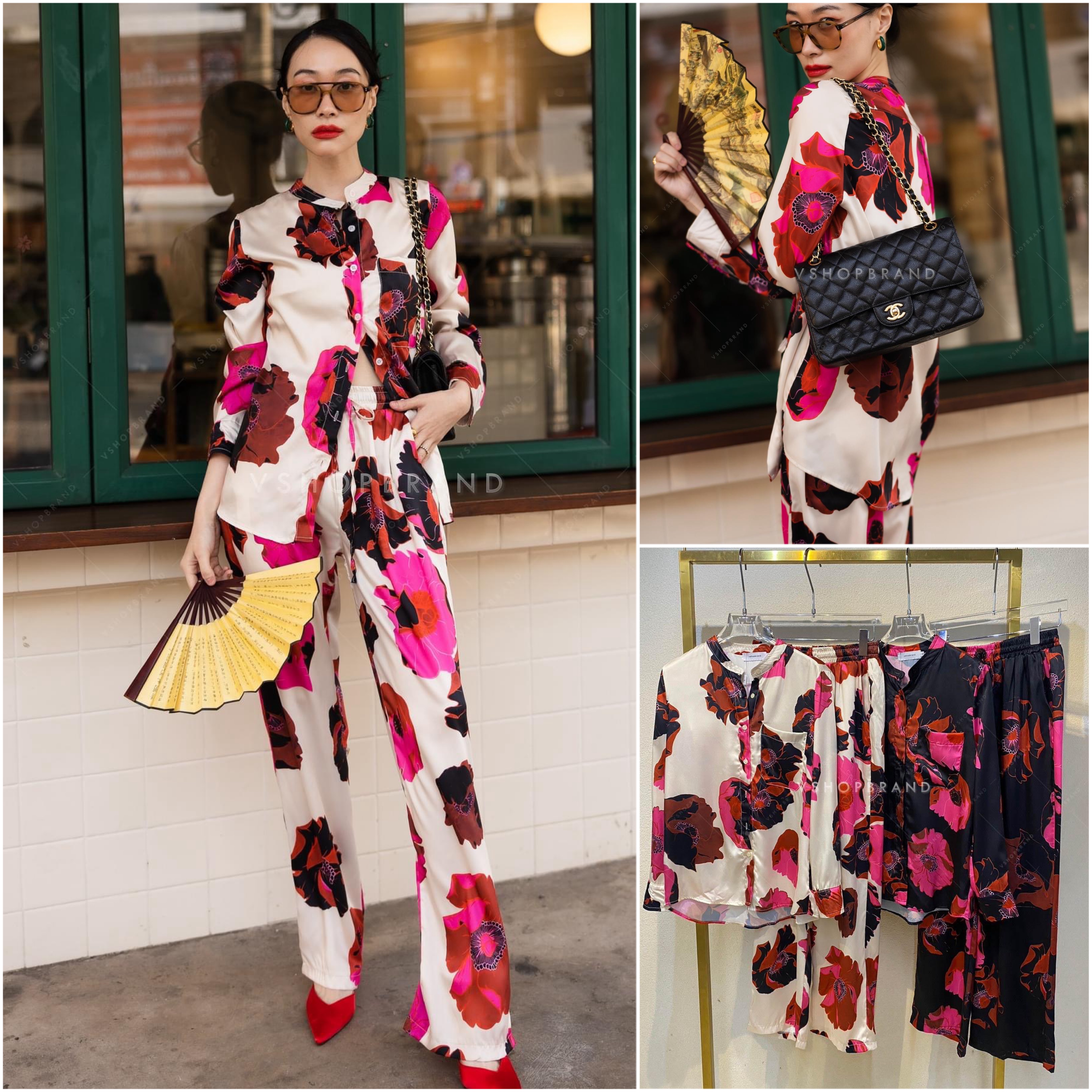 Set เสื้อเชิ้ตคอปีน ลายดอกโบตั๋น + กางเกงขายาว ต้อนรับตรุษจีน สินค้าคุณภาพ (พร้อมส่ง)