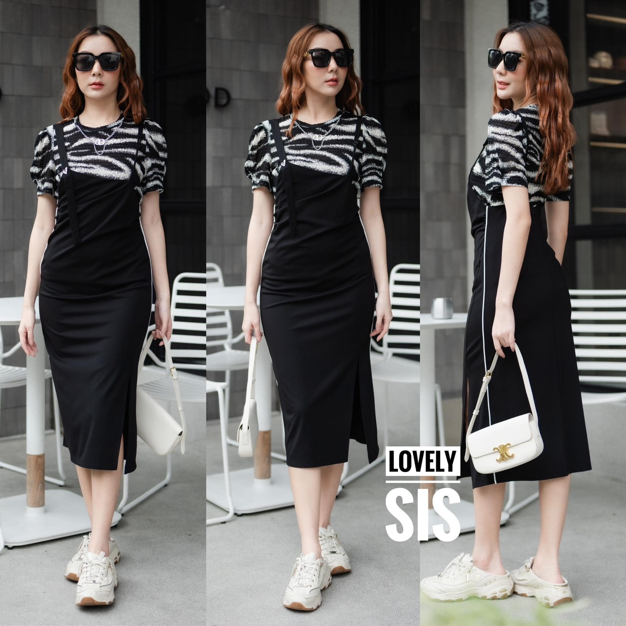 Set 2 pcs เสื้อแขนพองจับจีบลายม้า ลายเนื้อดี แต่งสร้อยคอ มาพร้อมเอี้ยม ผ้ายืดสายปรับได้ แต่งผ่าหน้า ซิปหลัง สินค้าคุณภาพ (พร้อมส่ง).