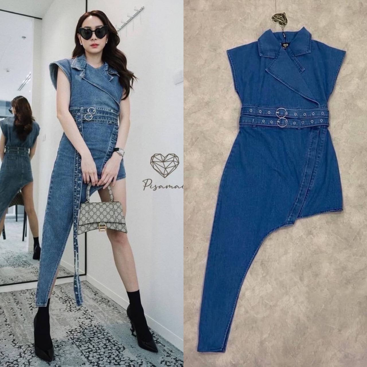 เดรสยีนส์คอกกแขนกุดตัวยาวชายเฉียง แต่งเข็มขัดซ้อนสองเส้นปังๆ ใส่สบาย สินค้าคุณภาพ (พร้อมส่ง)