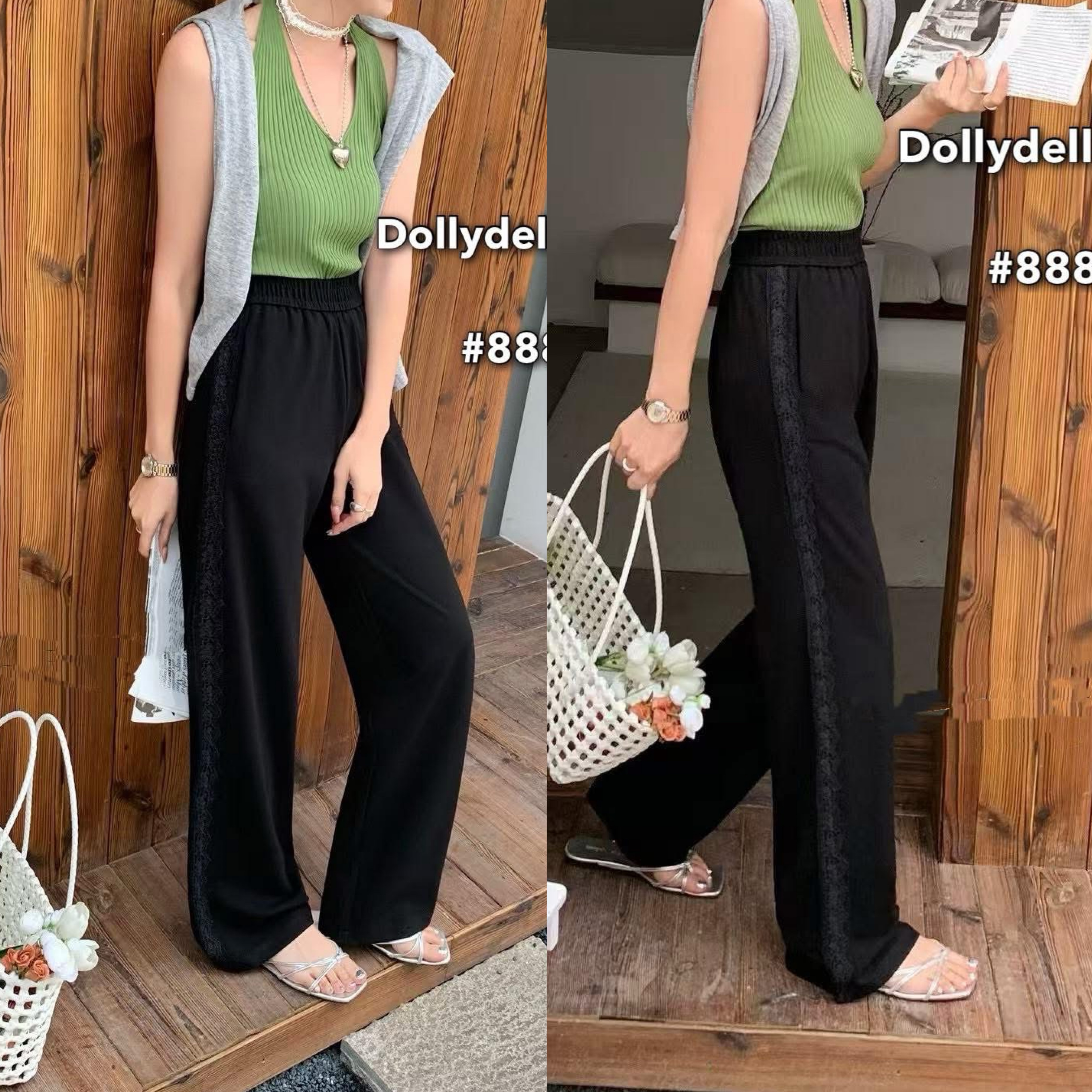 กางเกงทรงตรงเอวยางยืดแต่งแถบลูกไม้ด้านข้างมีกระเป๋าจริง ใส่สบาย : สินค้าคุณภาพ (พร้อมส่ง)