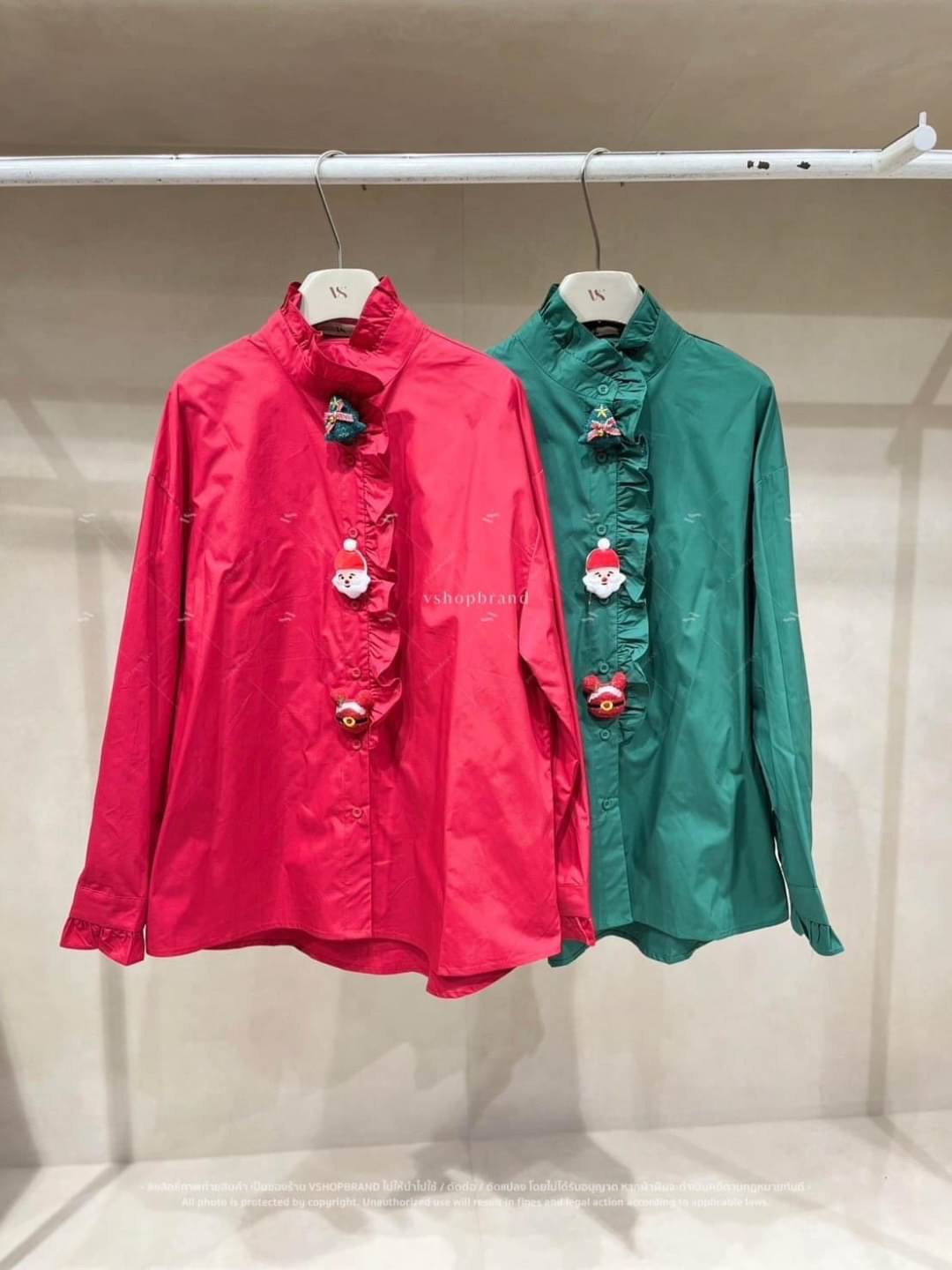 เสื้อเชิ้ตคริสมาสต์คอปีน ขอบระบาย ใส่สบาย : สินค้าคุณภาพ (พร้อมส่ง)