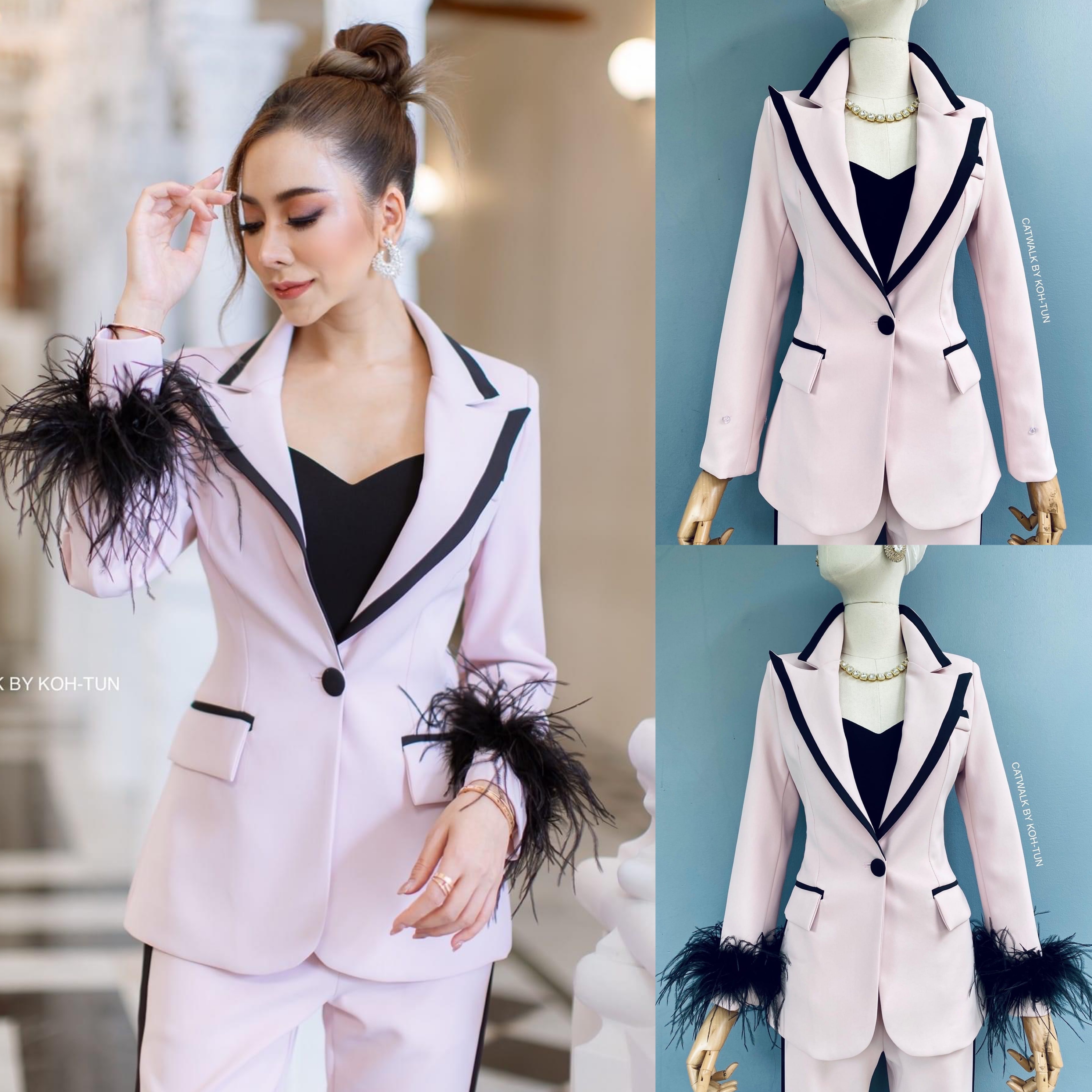 เซตBLAZERทูโทนแต่งขนนกแขน (ถอนได้)เนื้อผ้าเกรดเอ เนื้อนุ่มทิ้งตัว ตัวBLAZERเป็นทรงเข้ารูป แต่งขอบปกและขอบกระเป๋า คู่กับกางเกงเอวสูงขายาว ทรงขากระบอกเล็ก สินค้าคุณภาพ (พร้อมส่ง)