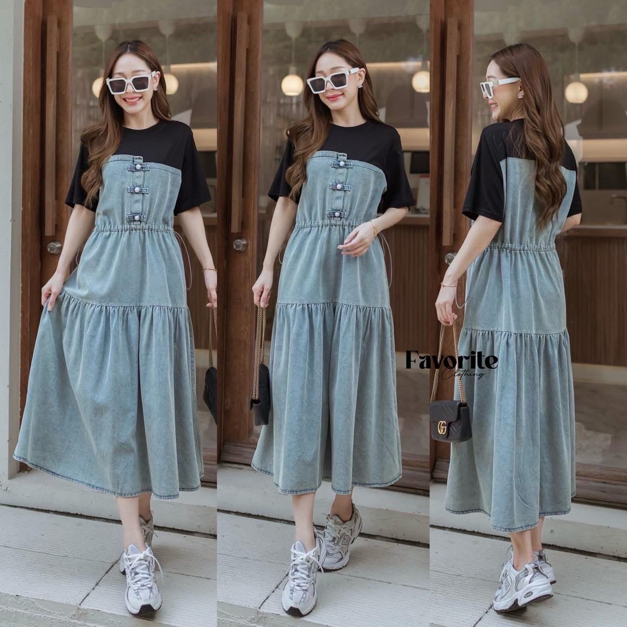 เดรสยีนส์แต่งผ้ายืด ใส่สบาย : สินค้าคุณภาพ (พร้อมส่ง)