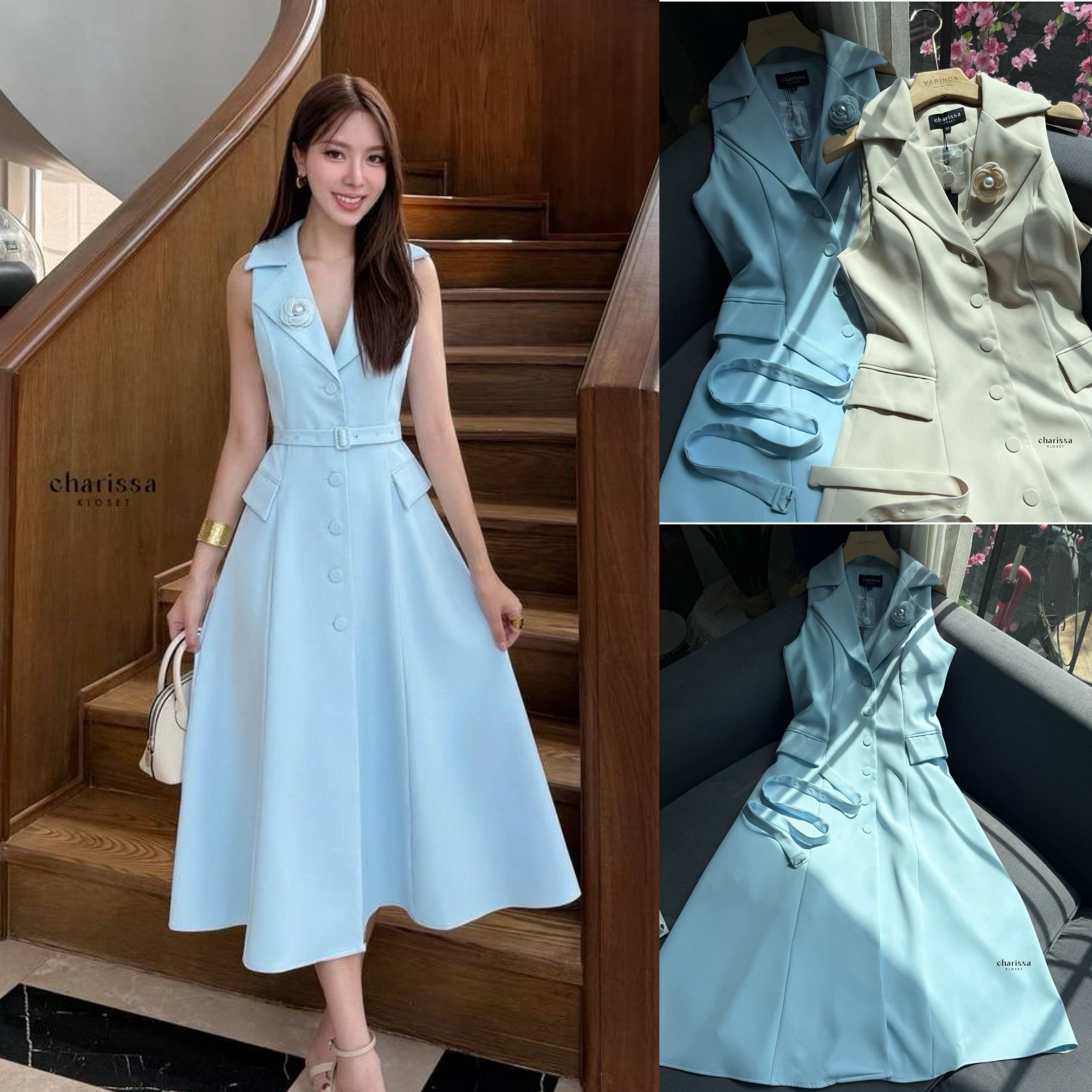 เดรสสูทแขนกุดทรงปกใหญ่ ใส่ออกมาดูผอมเข้ารูปมาก กระดุมจริงด้านหน้า รุ่นนี้น้องมีซับในทั้งชุด แถมฟรีเข็มขัด ใส่สบาย : สินค้าคุณภาพ (พร้อมส่ง)