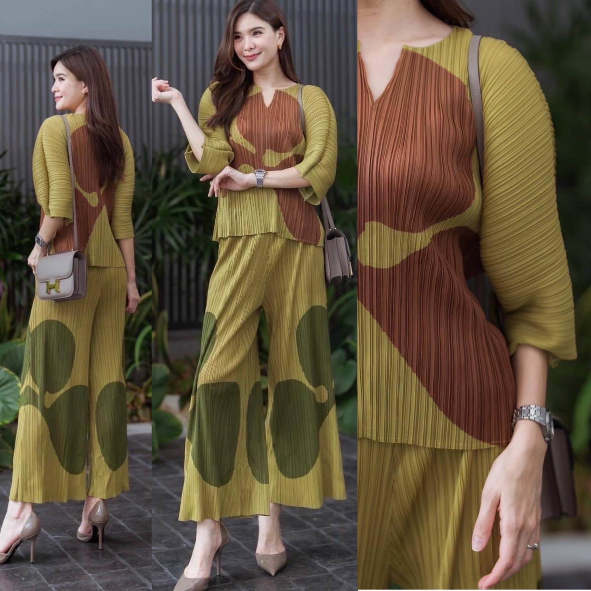 ชุดเซตผ้าอัดพลีทลอน เสื้อ+กางเกงขายาว เนื้อสวย ไฮโซววแบบงาน Brand ใส่สบาย สินค้าคุณภาพ (พร้อมส่ง)