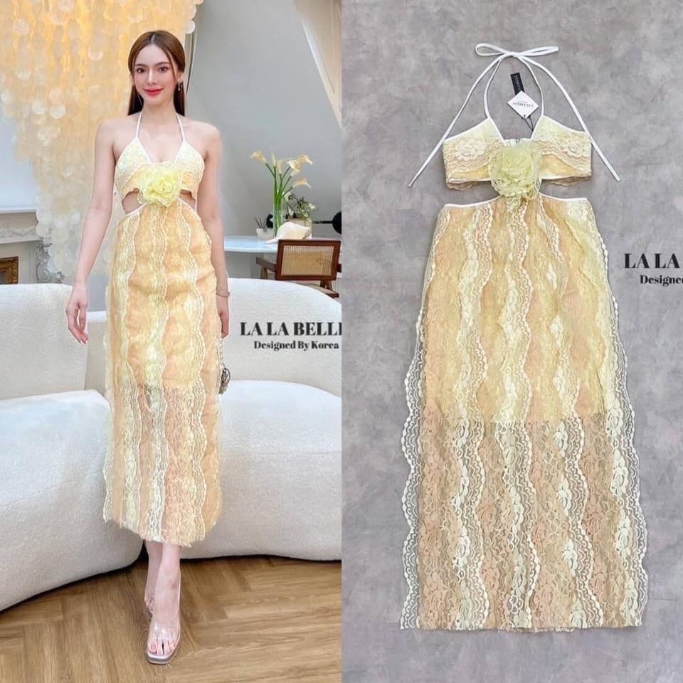 เดรสลูกไม้ทรงสอบคล้องคอผูกโบว์หลังแต่งดอกไม้ช่วงเอวกระโปรงยาวทรงสอบใช้ลูกไม้ไล่สีจากเข้มกลางอ่อนมีซับในอย่างดี ใส่สบาย สินค้าคุณภาพ (พร้อมส่ง)