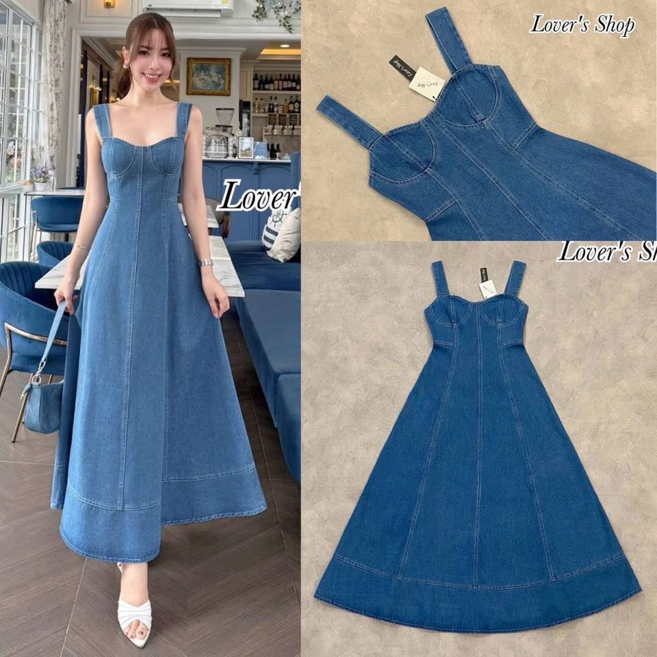 เดรสยีนส์สายเดี่ยว ทรงกระโปรงพริ้ว ผ้าทิ้งตัวสวย ดีเทลเย็บตีเกล็ดที่ตัวชุด ช่วงอกและเอวกระฉับพอดีตัว เนื้อผ้ายีนส์ไม่ยืดนะคะ ผ้ายีนส์มีความทิ้งตัว ใส่สบาย : สินค้าคุณภาพ (พร้อมส่ง)