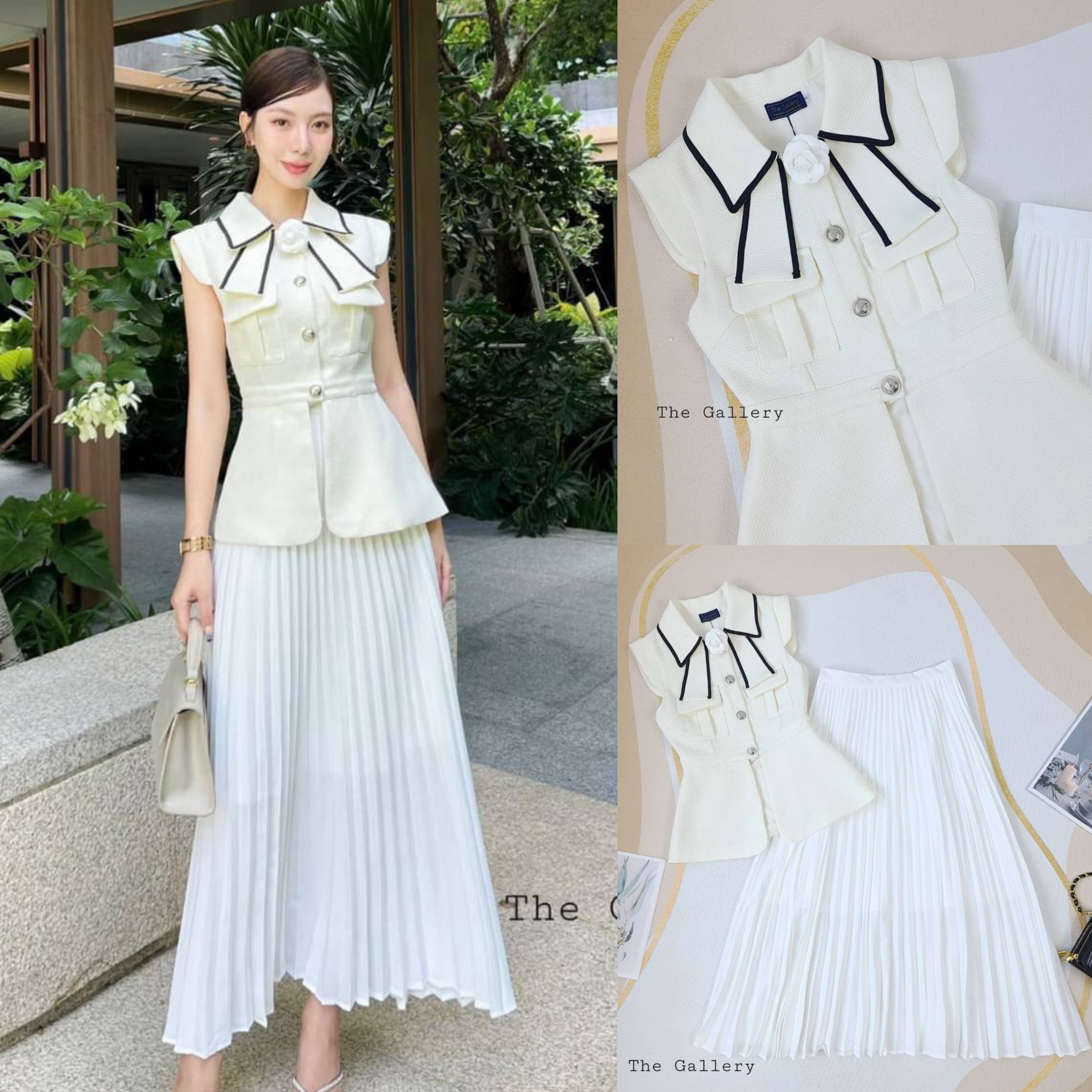 เซ็ต3ชิ้นเสื้อและกระโปรงอัดพลีต+เข็มกลัดดอกไม้เข้าชุด มาพร้อมซับในทั้งเสื้อและกระโปรง สินค้าคุณภาพ (พร้อมส่ง)