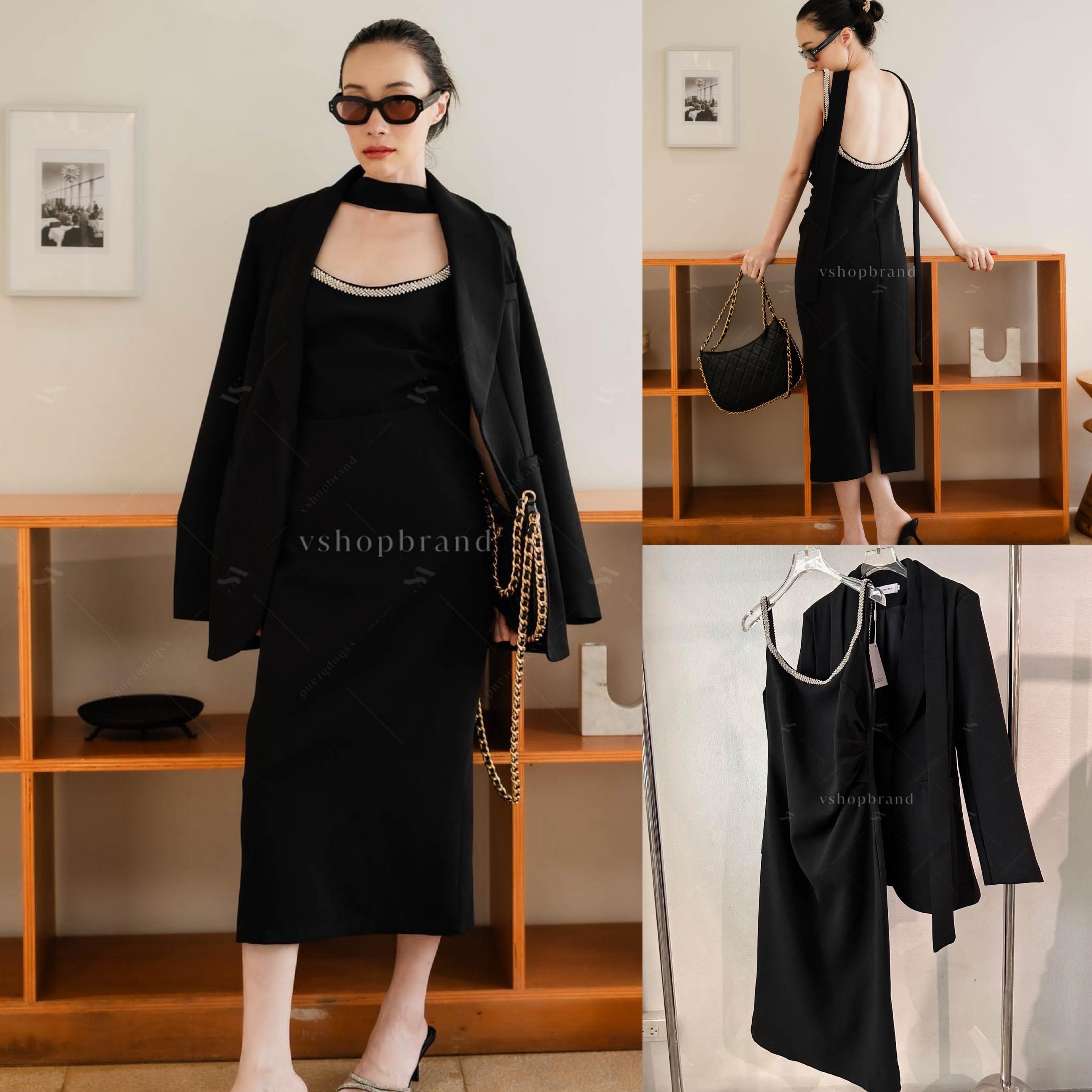 Set เดรสสายเดี่ยวขอบเพชร + เสื้อสูท + เชือก สินค้าคุณภาพ (พร้อมส่ง)