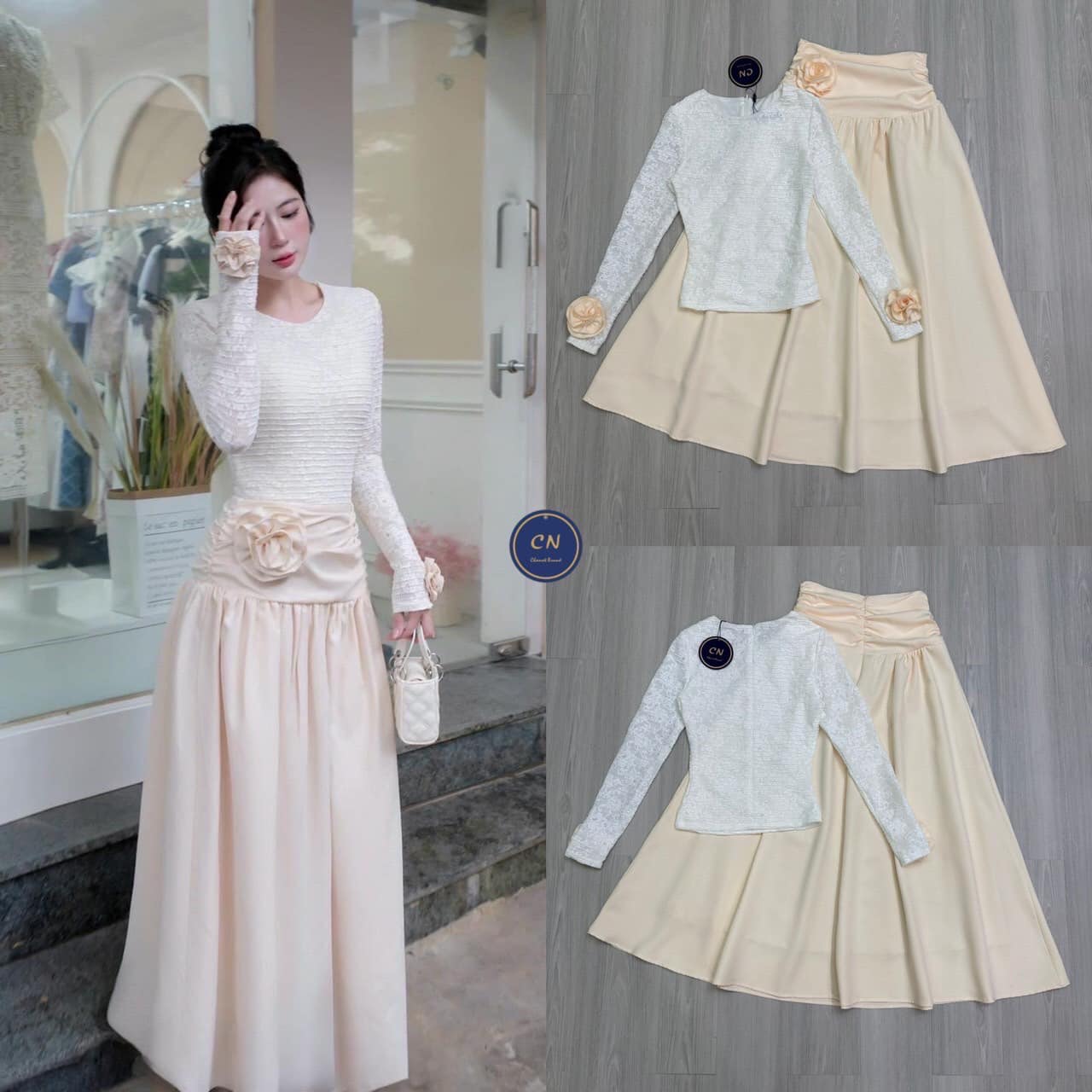 Set 2 ชิ้น เสื้อผ้าลูกไม้นิ่มแขนยาวคอกลมสีขาว ดีเทลแต่งเข็มกลัดดดอกไม้ปลายแขน ไม่บางมีซับใน (มีซิปหลัง) มาพร้อมกับกระโปรงยาวขอบเอวใหญ่เย็บย่น ใส่สบาย : สินค้าคุณภาพ (พร้อมส่ง)