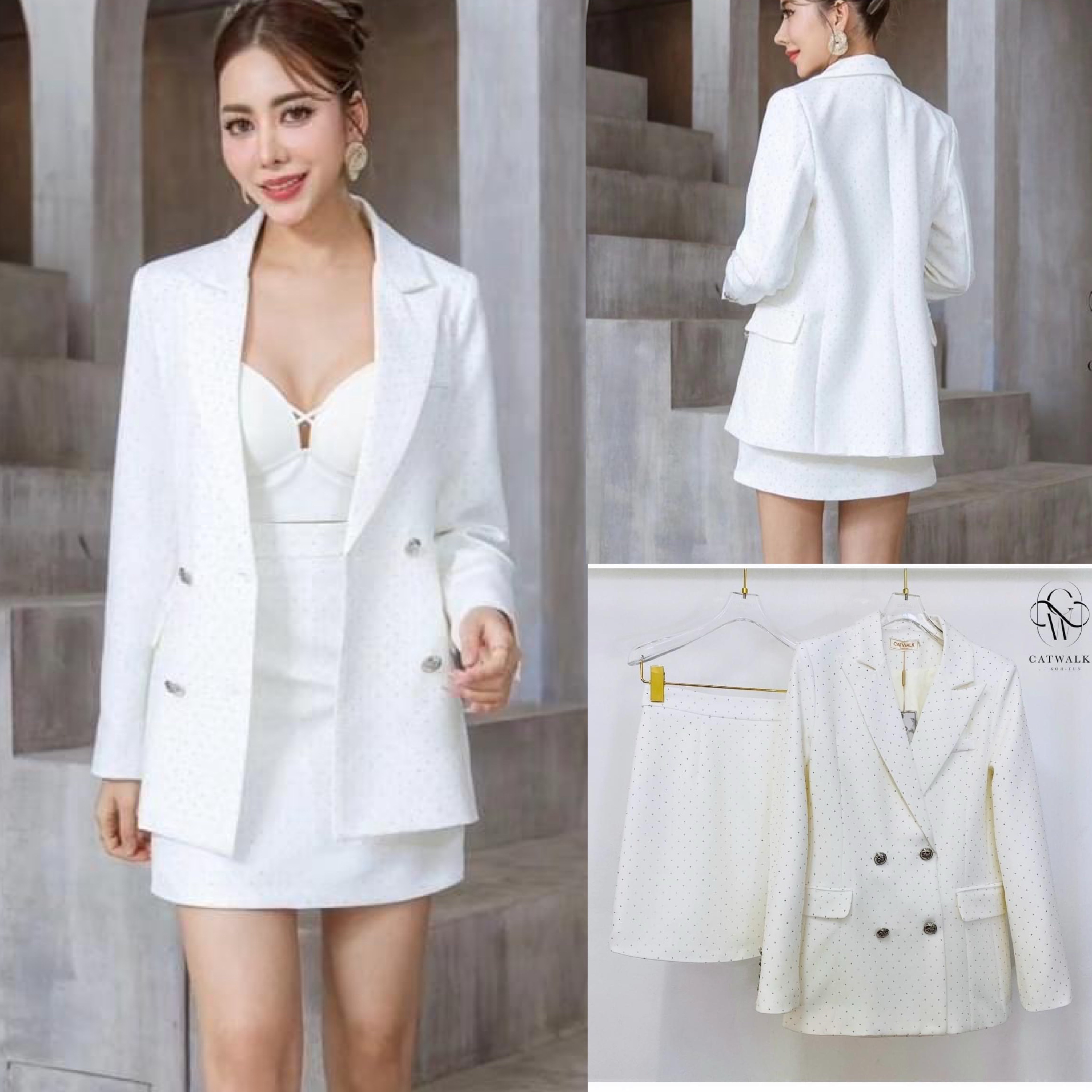 เซตัวสูท แต่งเพชร+กระโปรง เนื้อผ้าเกรดเอ เนื้อผ้ามีเพชร เม็ดเล็กทั้งตัว ใส่สบาย สินค้าคุณภาพ (พร้อมส่ง)