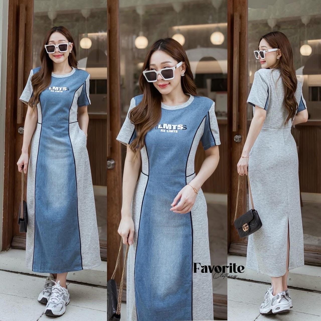 เดรสผ้ายืดแต่งยีนส์ ใส่สบาย : สินค้าคุณภาพ (พร้อมส่ง)