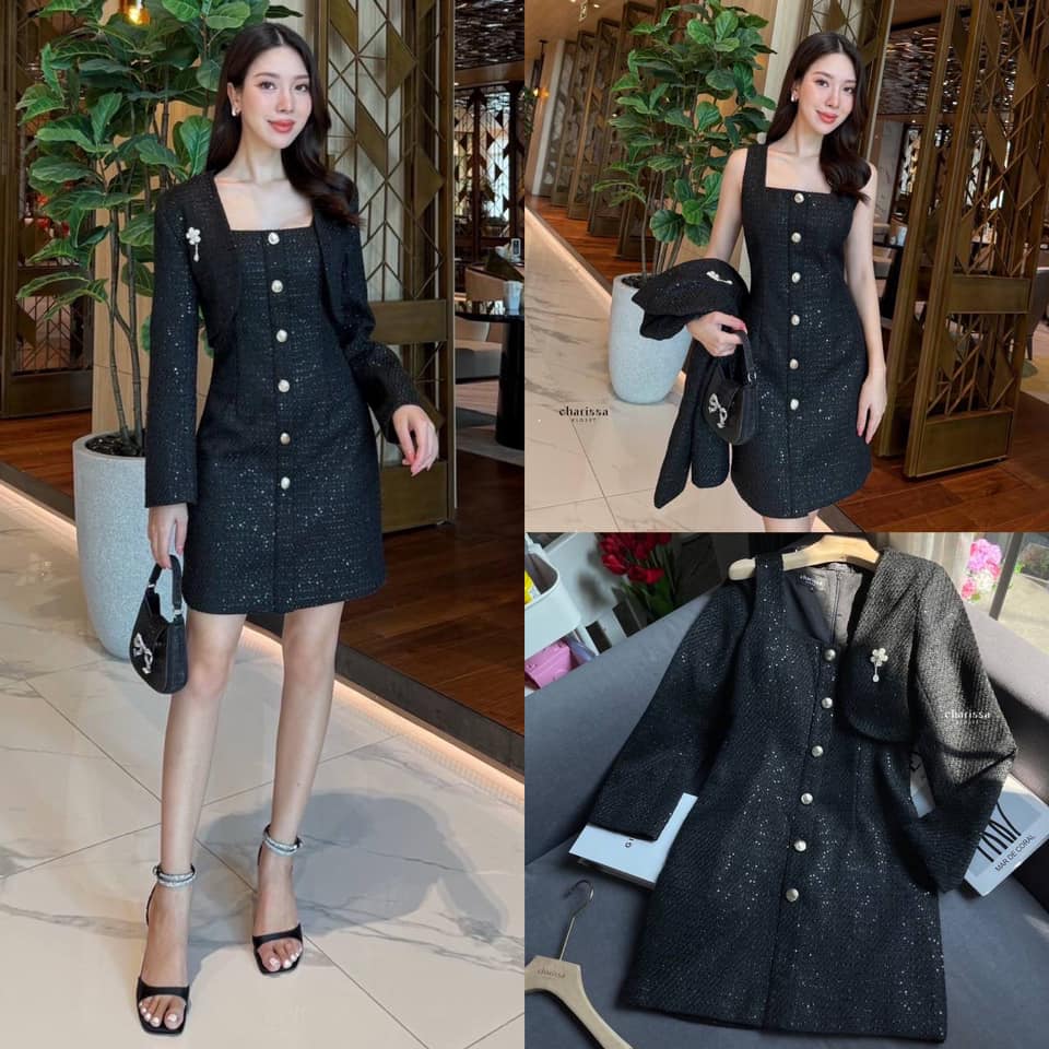 เซ็ท 3 ชิ้น เดรสทวิต+เสื้อครอปทรงน่ารักกกก (แถมฟรีเข็มกลัดดอกไม้) ใส่สบาย : สินค้าคุณภาพ (พร้อมส่ง)