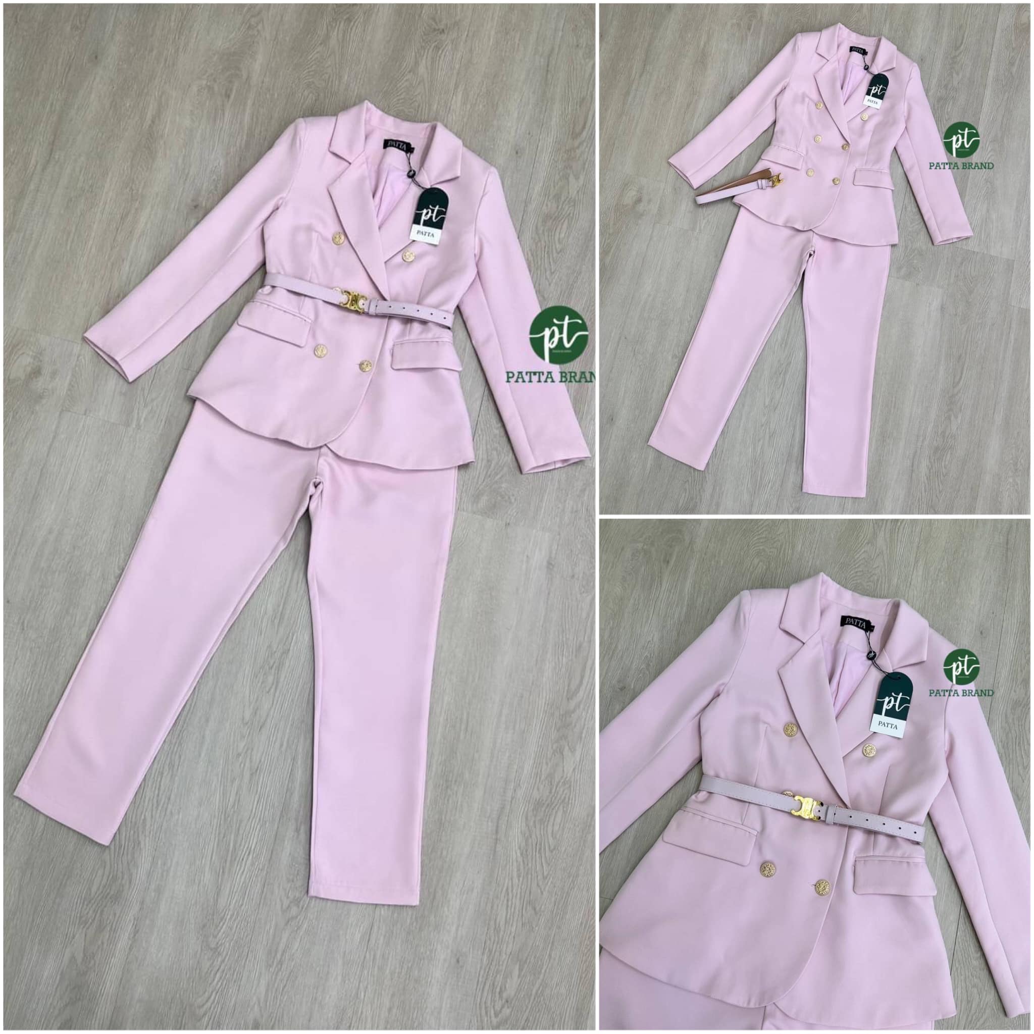 set สูท2ชิ้น เสื้อสูทคอปกแขนยาว แต่งกระดุมหน้าสีทองปั้มลาย 6 เม็ด มาพร้อมกับกางเกงขายาวสีเดียวกัน เพิ่ม เข็มขัดหัวสีทองใส่แมทเข้ากันมาก สินค้าคุณภาพ (พร้อมส่ง)