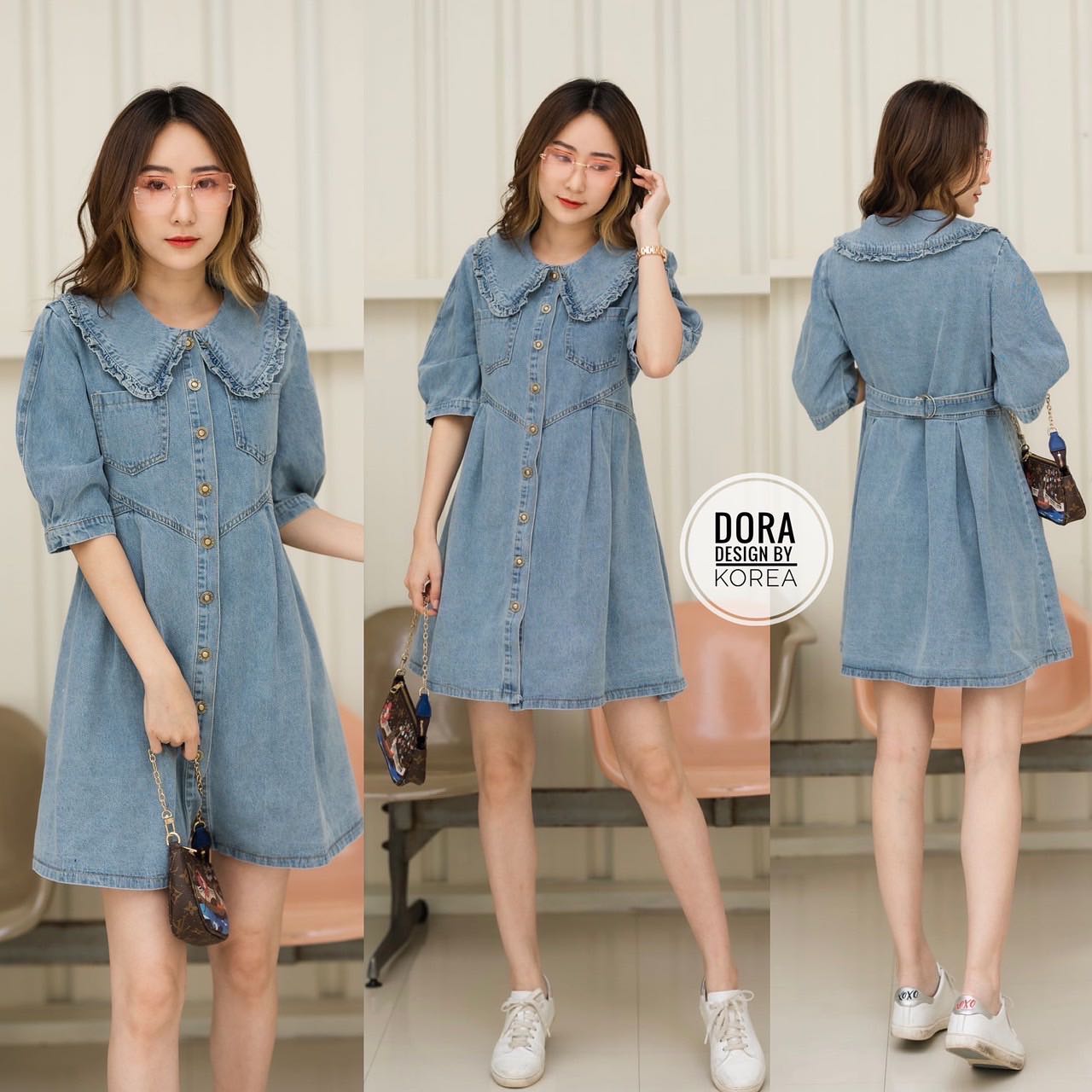 เดรสยีนคอจีบกระดุมหน้า+เข็มขัดติดชุด น่ารักมาก สินค้าคุณภาพ (พร้อมส่ง)