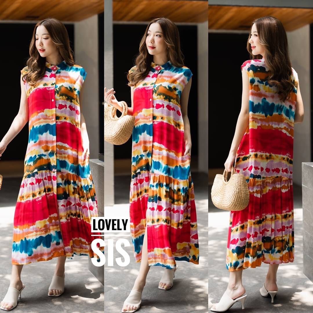 เดรสแขนกุดคอจีนแต่งกระดุมหน้า ผ้าสปันเนื้อนิ่มพิมพ์ลายสไตล์มัด ย้อมลายคมชัดสีสวยมากค่า มีกระเป๋าสองข้างสะโพก ใส่หน้าร้อนสบายสุดๆ สินค้าคุณภาพ (พร้อมส่ง)