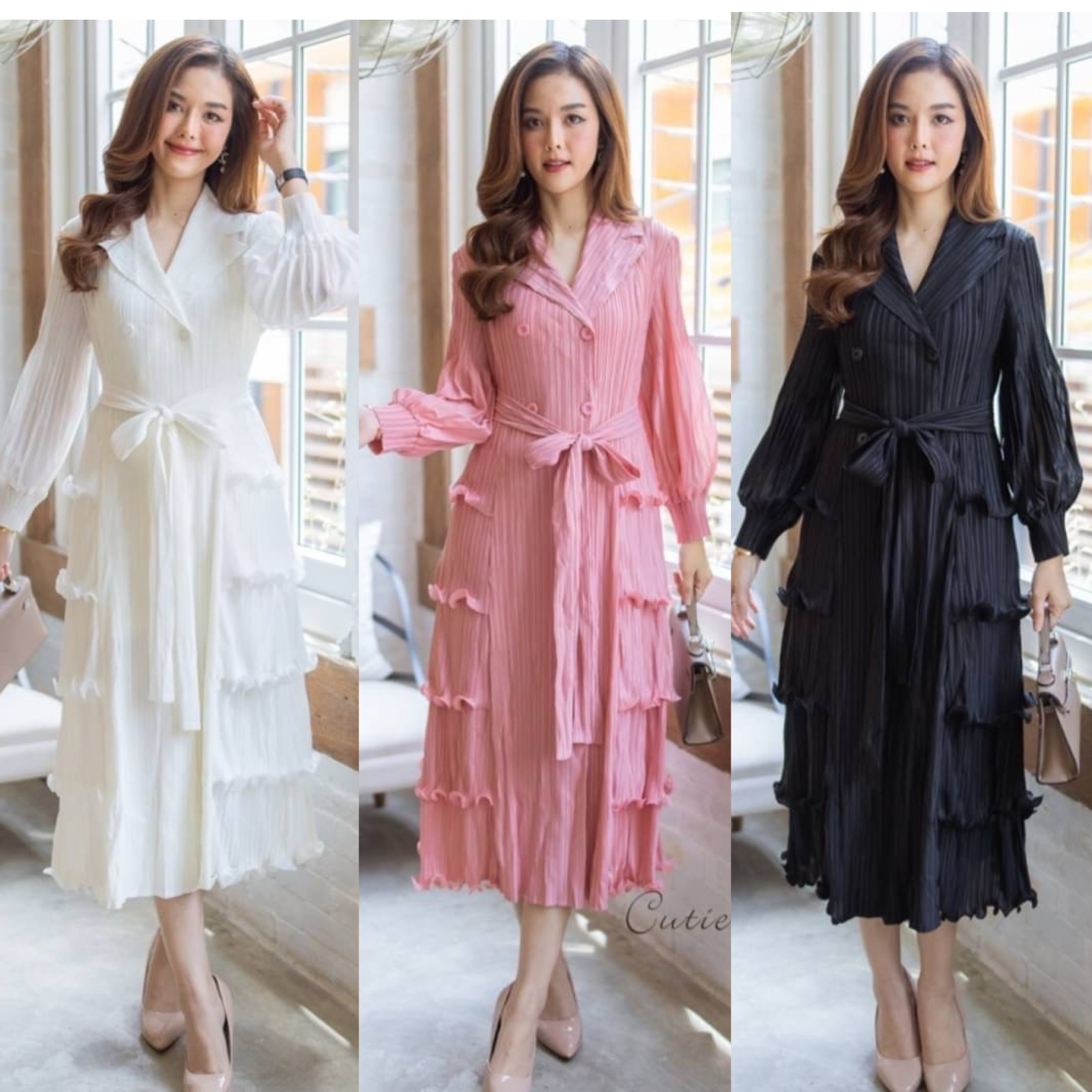 เดรสผ้าอัดพลีท งานแต่งดีเทลระบาย ด้านข้าง ปกคอเทเลอร์ มาพร้อมเชือก ผูก ชุดยืดหยุ่นได้ทั้งตัว ใส่สบาย : สินค้าคุณภาพ (พร้อมส่ง)