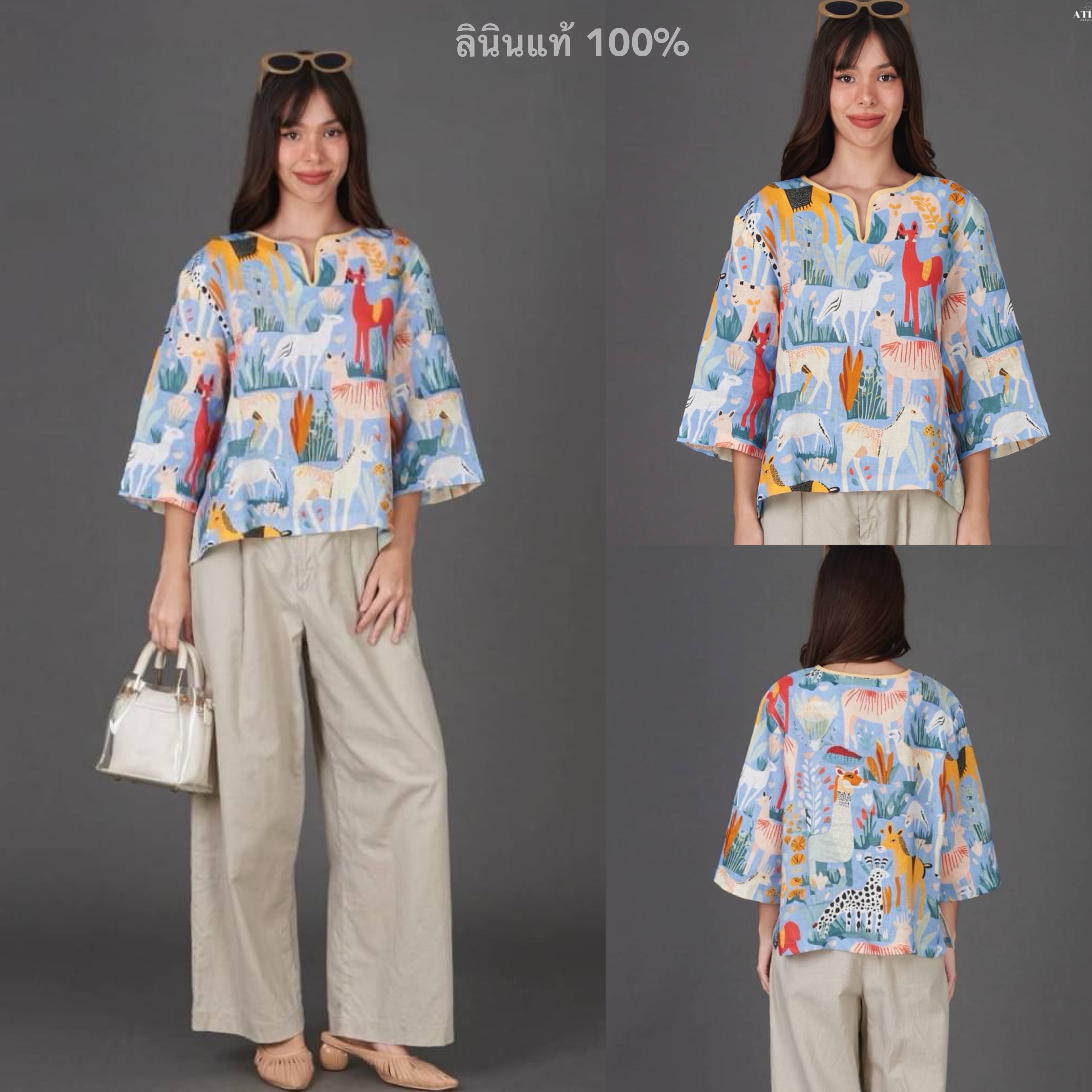 เสื้อคอกลมแขนสามส่วน ลินินแท้ 100% ใส่สบาย : สินค้าคุณภาพ (พร้อมส่ง)