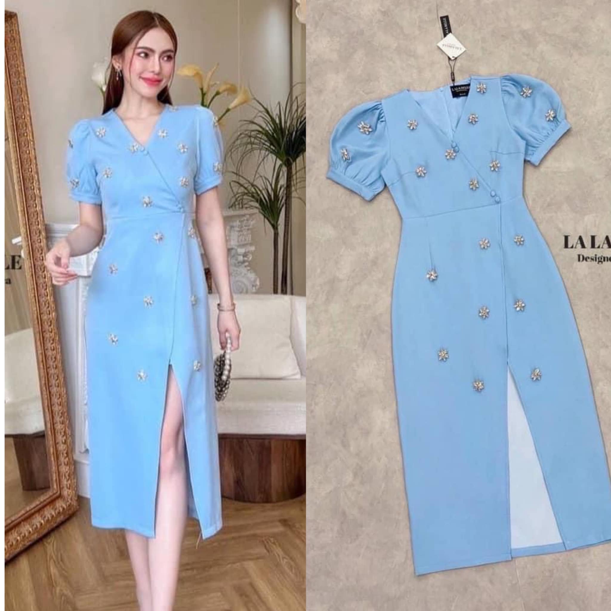 เดรสทรงสอบเข้าทรงผ่าข้างคอวี แขนตุ๊กตาเอวเข้าทรงกระโปรงสอบผ่าข้าง แต่งแพชรดอกไม้ ใส่สบาย สินค้าคุณภาพ (พร้อมส่ง)