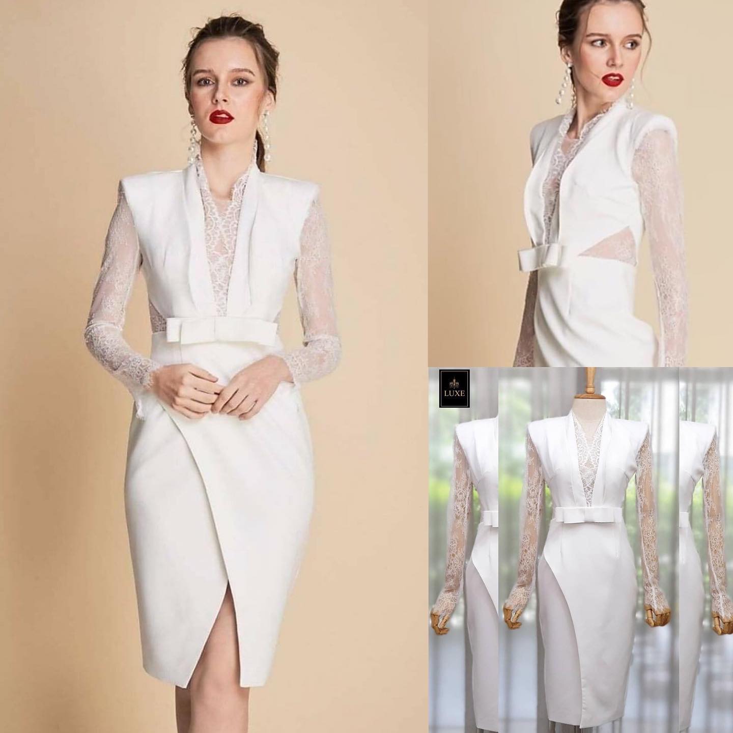 เดรสเสื้อคอวีแขนยาว แต่งโบว์ที่เอว ใช้ผ้าลูกไม้ ซีทรูเนื้อนุ่มแต่งช่วงคอเสื้อ เอวและแขน สินค้าคุณภาพ (พร้อมส่ง)