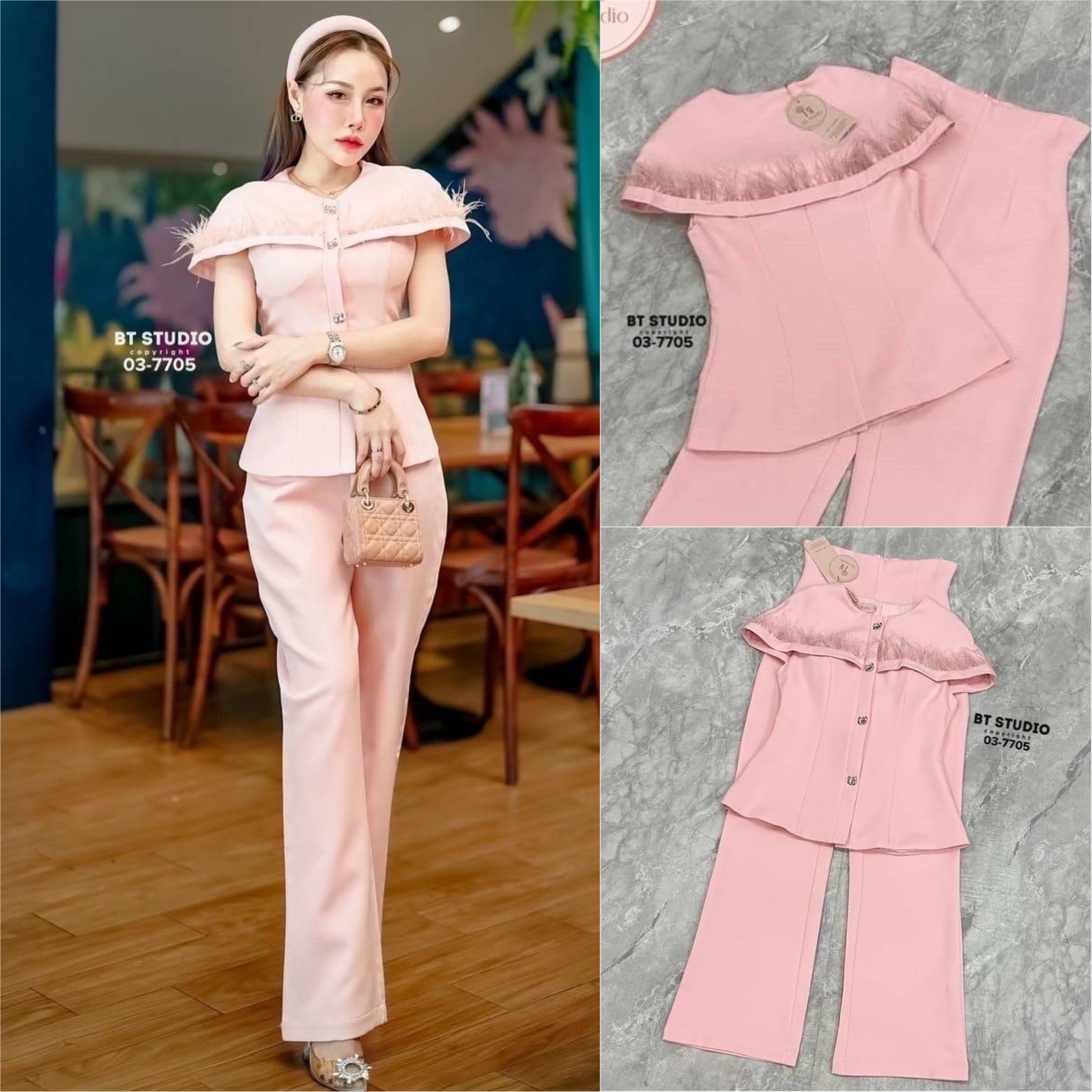 เซท 2 ชิ้น เสื้อแขนสั้นดีไซส์แต่ง เหมือนคลุมแขน ช่วงบนอกแต่งขนนก กระดุมหน้า แมทซ์กับกางเกงขา ยาวเอวสูง ใส่สบาย สินค้าคุณภาพ (พร้อมส่ง)