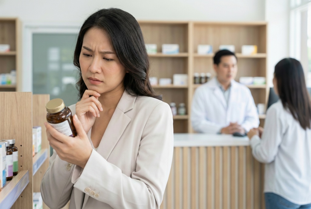 หญิงสาวตรวจสอบฉลากอาหารเสริม ข้อควรระวังก่อนกินยาอกฟู