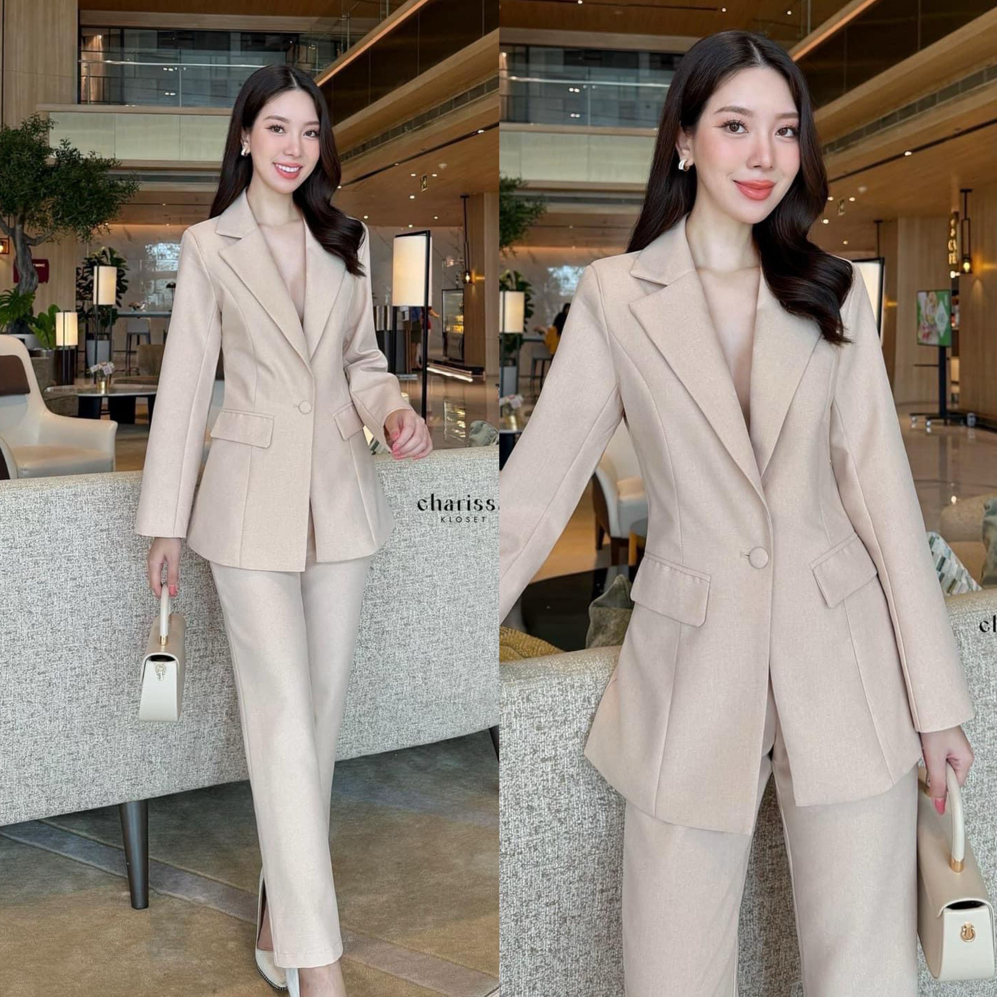 ชุดสูทเรียบหรู สวยคลาสสิค เสื้อสูทมีซับในอย่างดี แต่งกระดุมปั้มผ้าเดียวกับสีชุด +กางเกงขายาวทรงกระบอก ล็กใส่สบายๆ ใส่สบาย : สินค้าคุณภาพ (พร้อมส่ง)