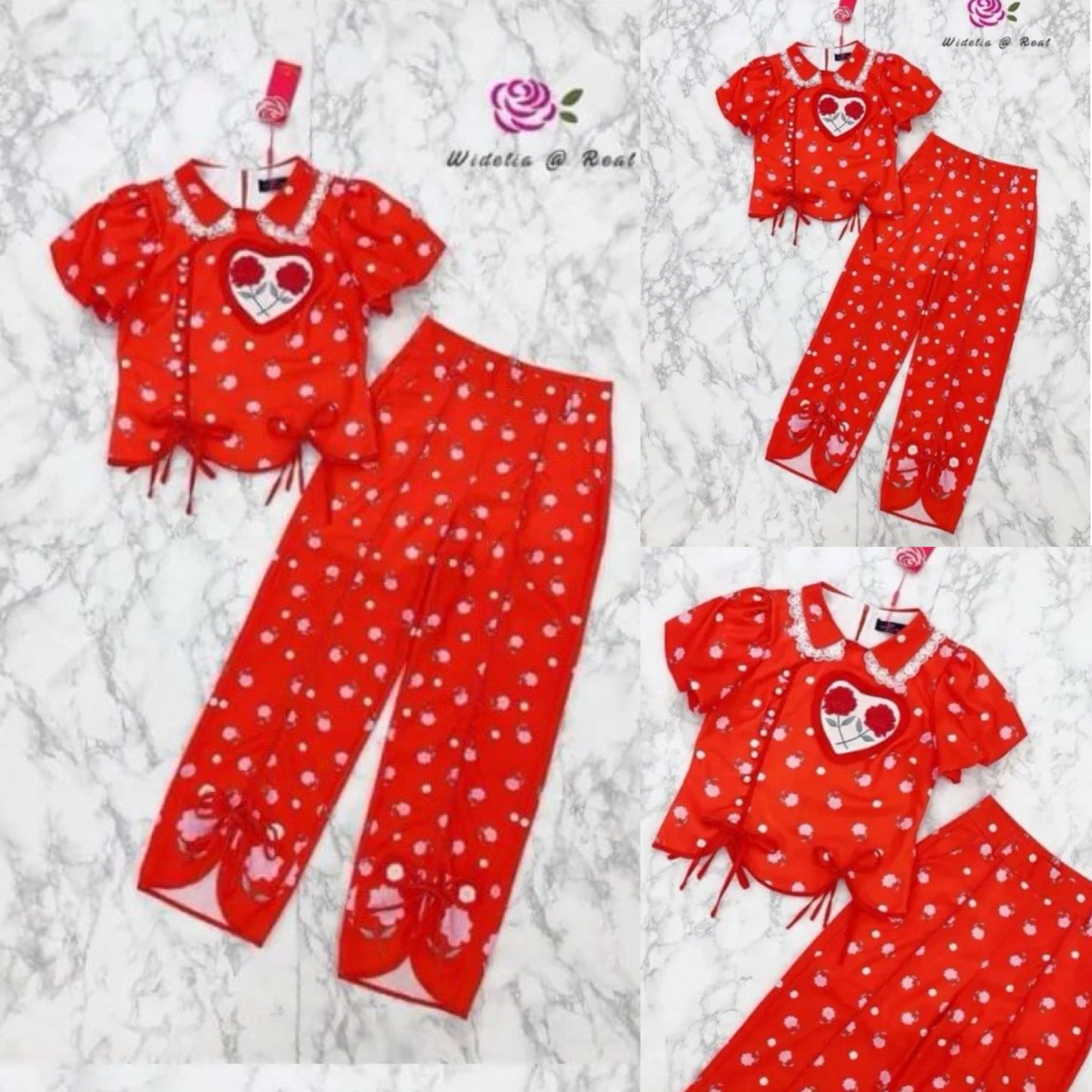 Set เซ็ทกี่เพ้าสีแดงแสนสวย เสื้อปกคอแต่ง ขอบลูกไม้ อกแต่งหัวใจ/กระดุมไข่มุก กางเกงขากระบอกเองสูง ชายขาผูกโบว์ สินค้าคุณภาพ (พร้อมส่ง)