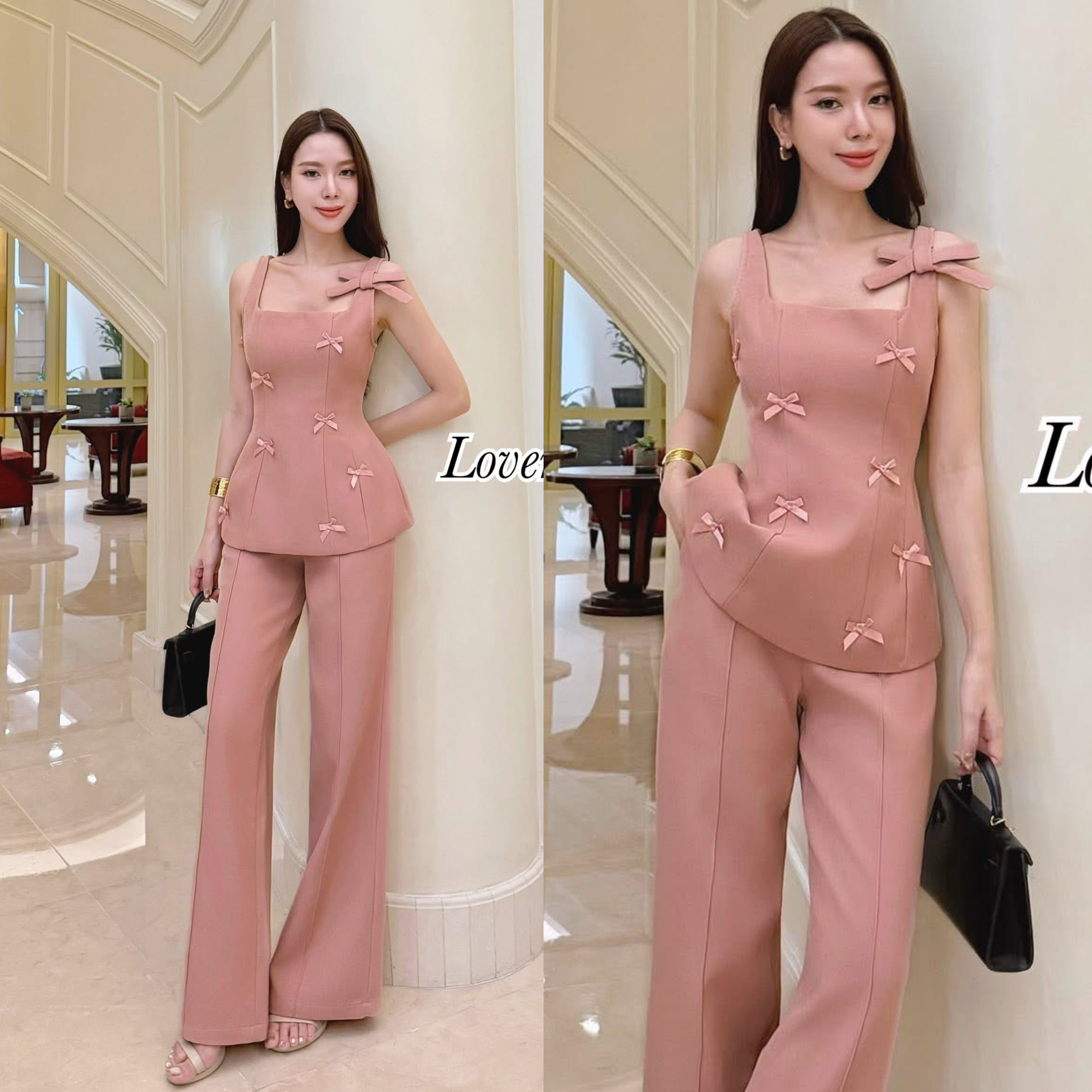 Set เสื้อทรงเข้ารูปแต่งน้องโบว์เพิ่มความน่ารัก +กางเกงขายาวเอวสูง ใส่สบาย : สินค้าคุณภาพ (พร้อมส่ง)