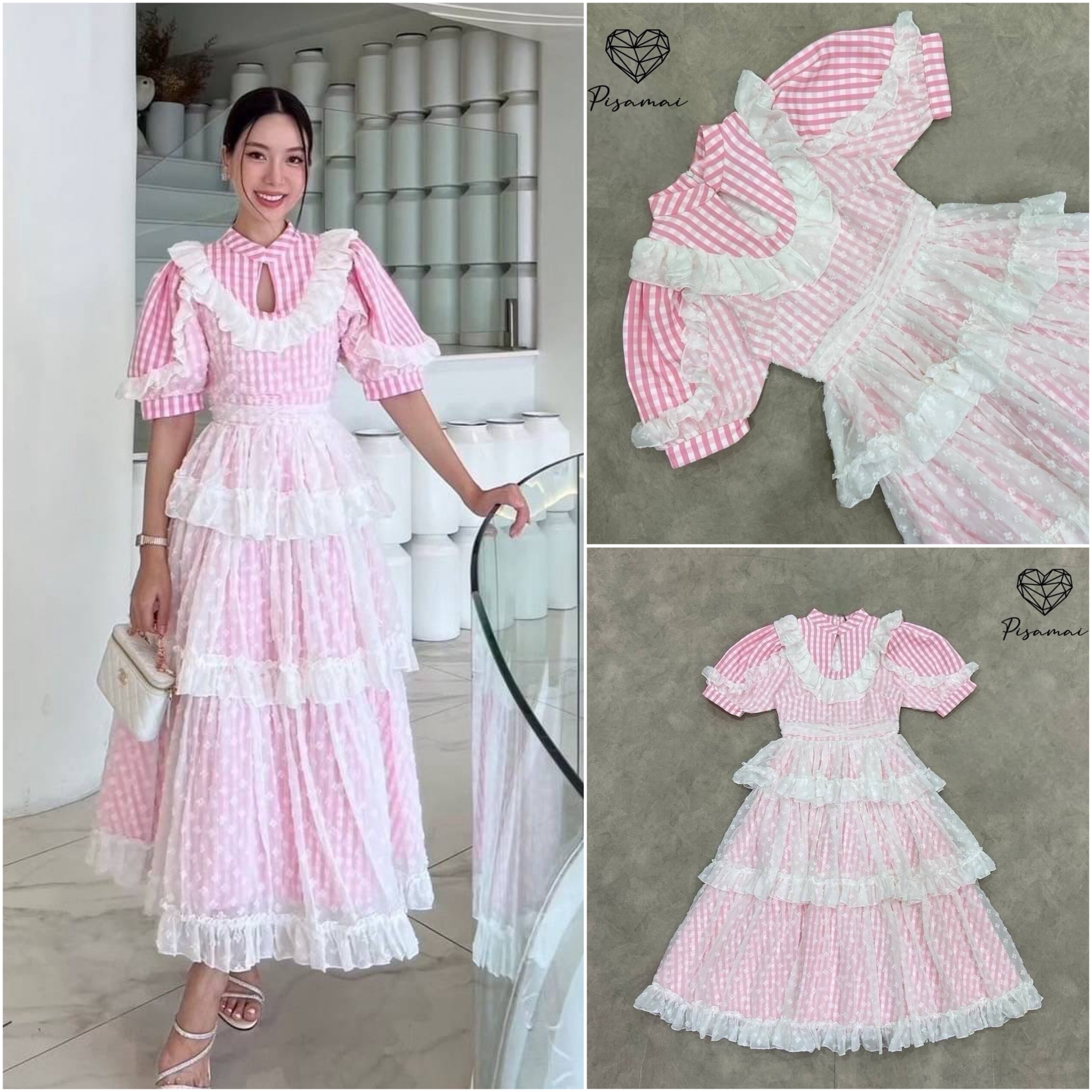 เดรสลายสก็อตสีชมพูตัวยาวแต่งระบาย ลูกไม้ฉลุสีขาวคลุมทั้งตัว เป็นทรงระบายซ้อนถึง 3 ชั้น รุ่นนี้ผ้าดีใส่สวย ฟูฟ่อง เป็นทรง ใส่สบาย : สินค้าคุณภาพ (พร้อมส่ง)