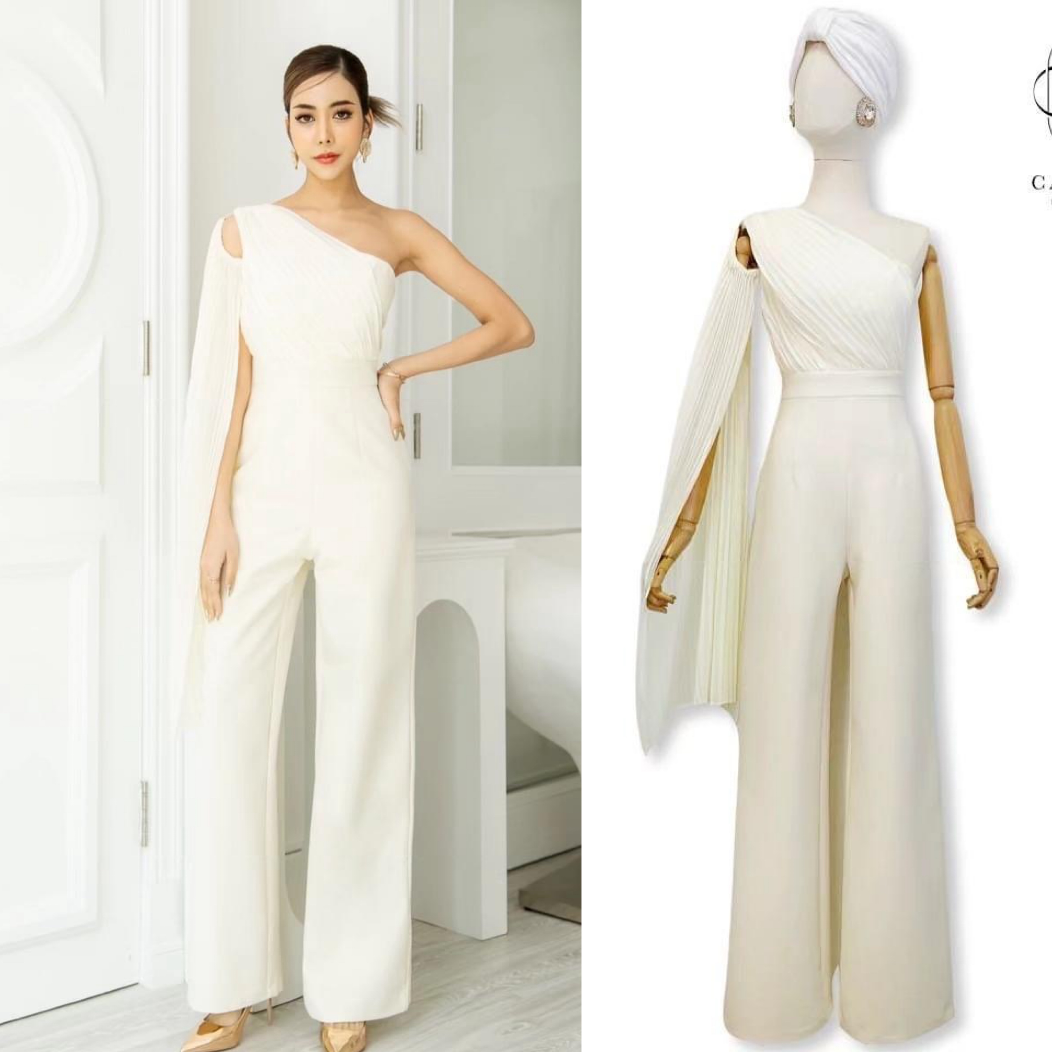 จั้มสูทไหล่เฉียงแต่งผ้าชีฟองอัดพลีท เนื้อผ้าเกรดเอ ผ้าทิ้งตัวสวย ตัวชุดเป็นทรงเข้ารูป สินค้าคุณภาพ (พร้อมส่ง)