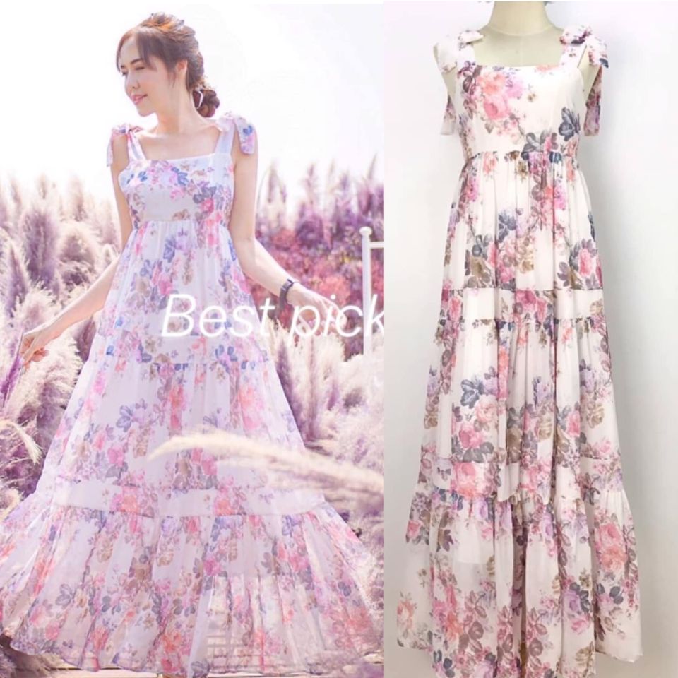 #แม็กซี่เดรสสายเดี่ยวผูกโบว์ไหล่ เนื้อผ้าพิมพ์ลายดอกไม้ สีสันสดใสสวยงามตามแบบ กระโปรงแต่งตัดต่อเป็นชั้นพริ้วสวย ดูดีมากค่ะ Summerนี้พลาดไม่ได้เลยนะคะ รีบจัดด่วนๆ : สินค้าคุณภาพ (พร้อมส่ง)