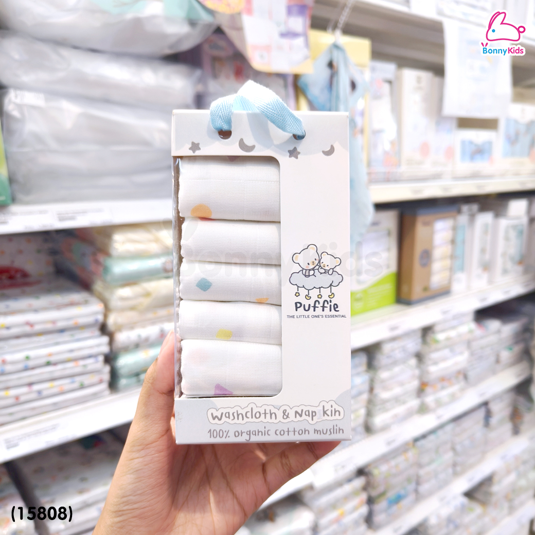(15808) Puffie (พัฟฟี่) Napkin & Washcloth ผ้าเช็ดหน้า ผ้าเช็ดปากสำหรับเด็ก ขนาด 11×11 นิ้ว (บรรจุ 5 ผืน)