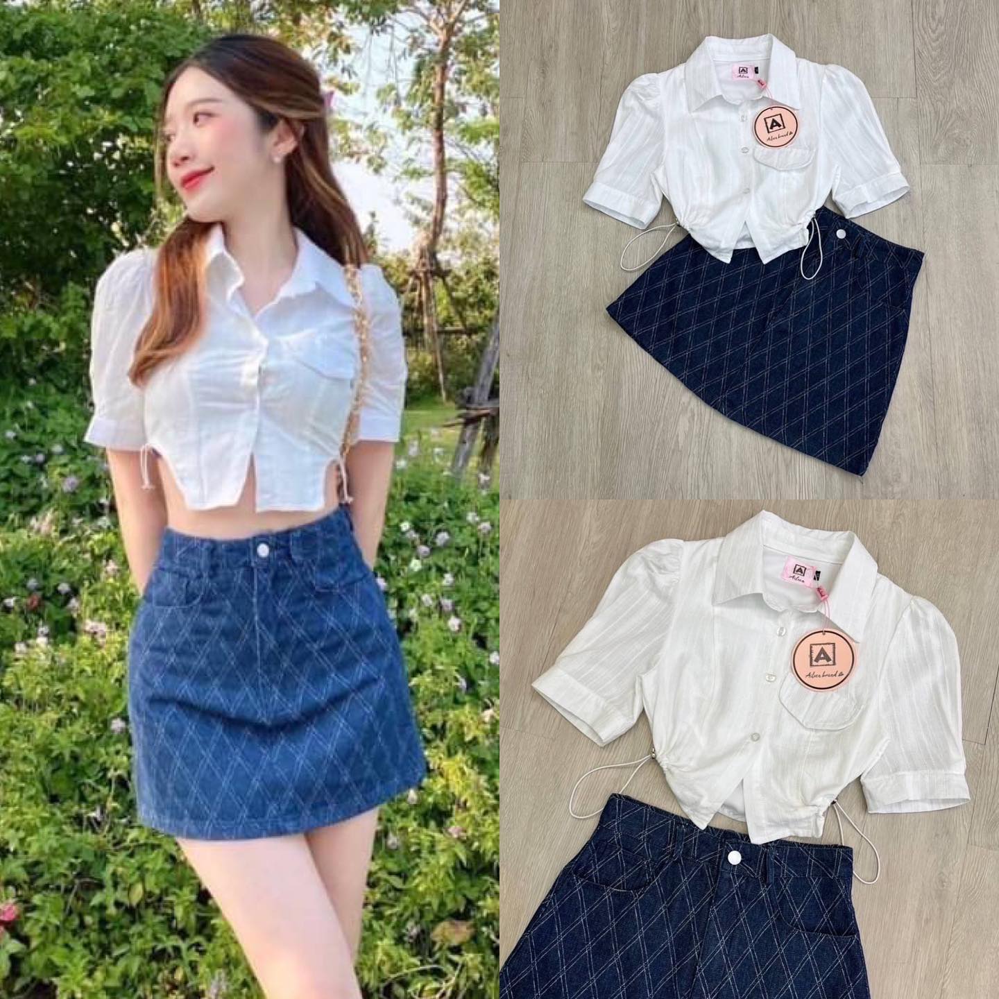 เซทเสื้อขาวคอปกแขนตุ๊กตาแต่ง ดีเทลเว้าเอว มีสายสามารถรูดได้ มาพร้อมกระโปรง ยีนลายตาราง : สินค้าคุณภาพ (พร้อมส่ง)